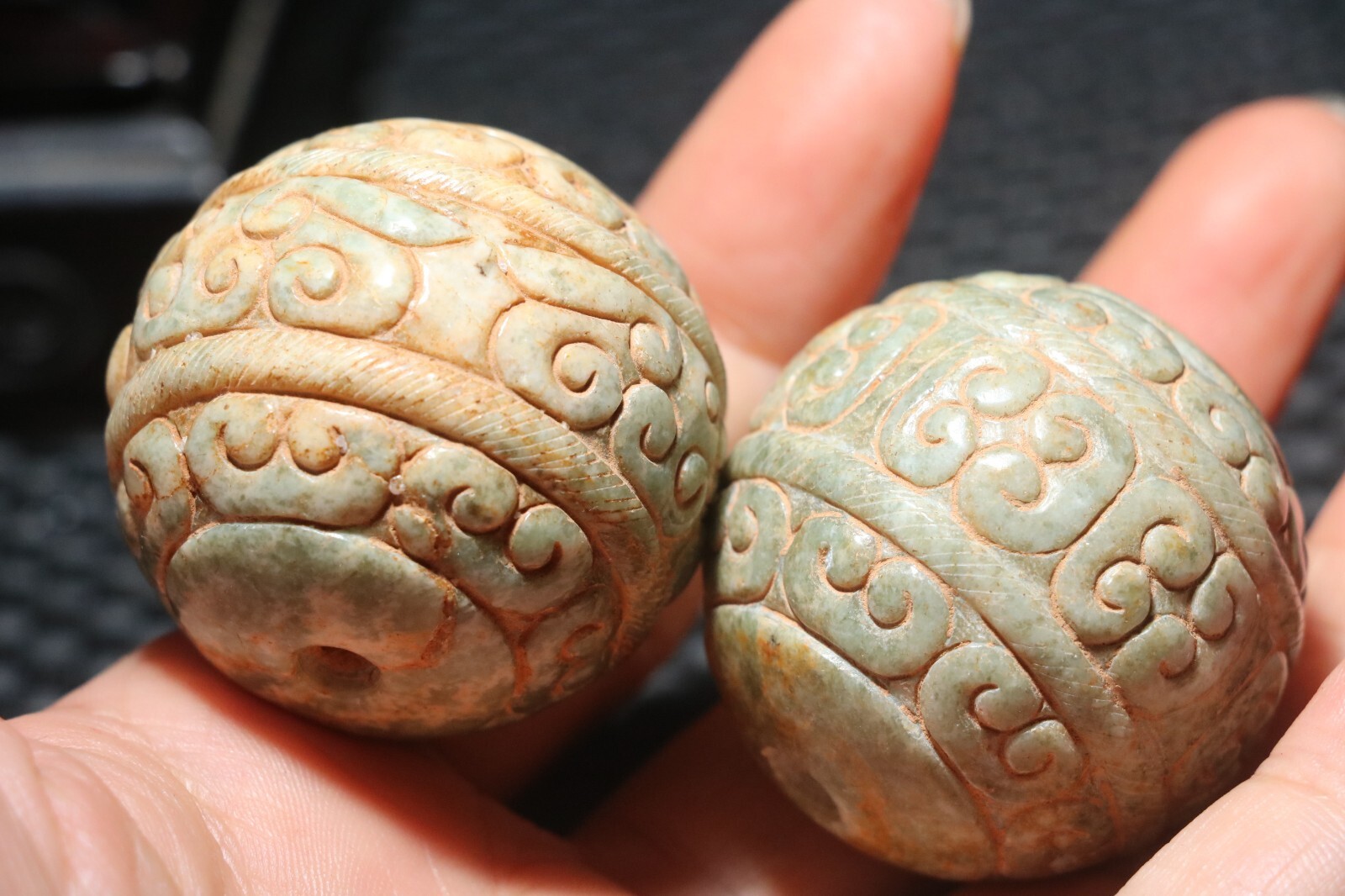 Pair of Chinese Hetian Old JADE Linking Fortune Large Ball Sphere 40MM Amulets