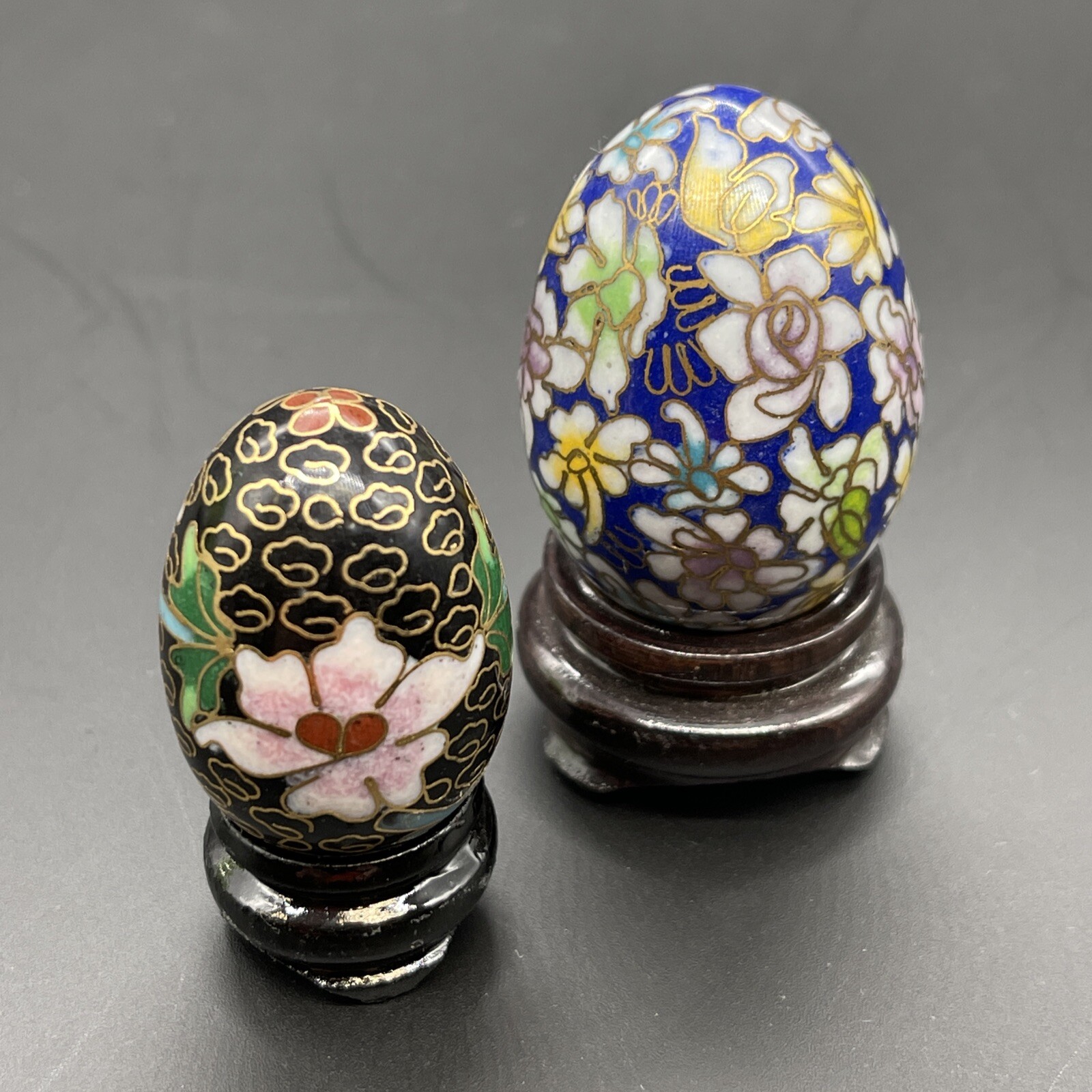 Cloisonné Eggs & Wooden Stands Floral Multicolor & Gold Design Small