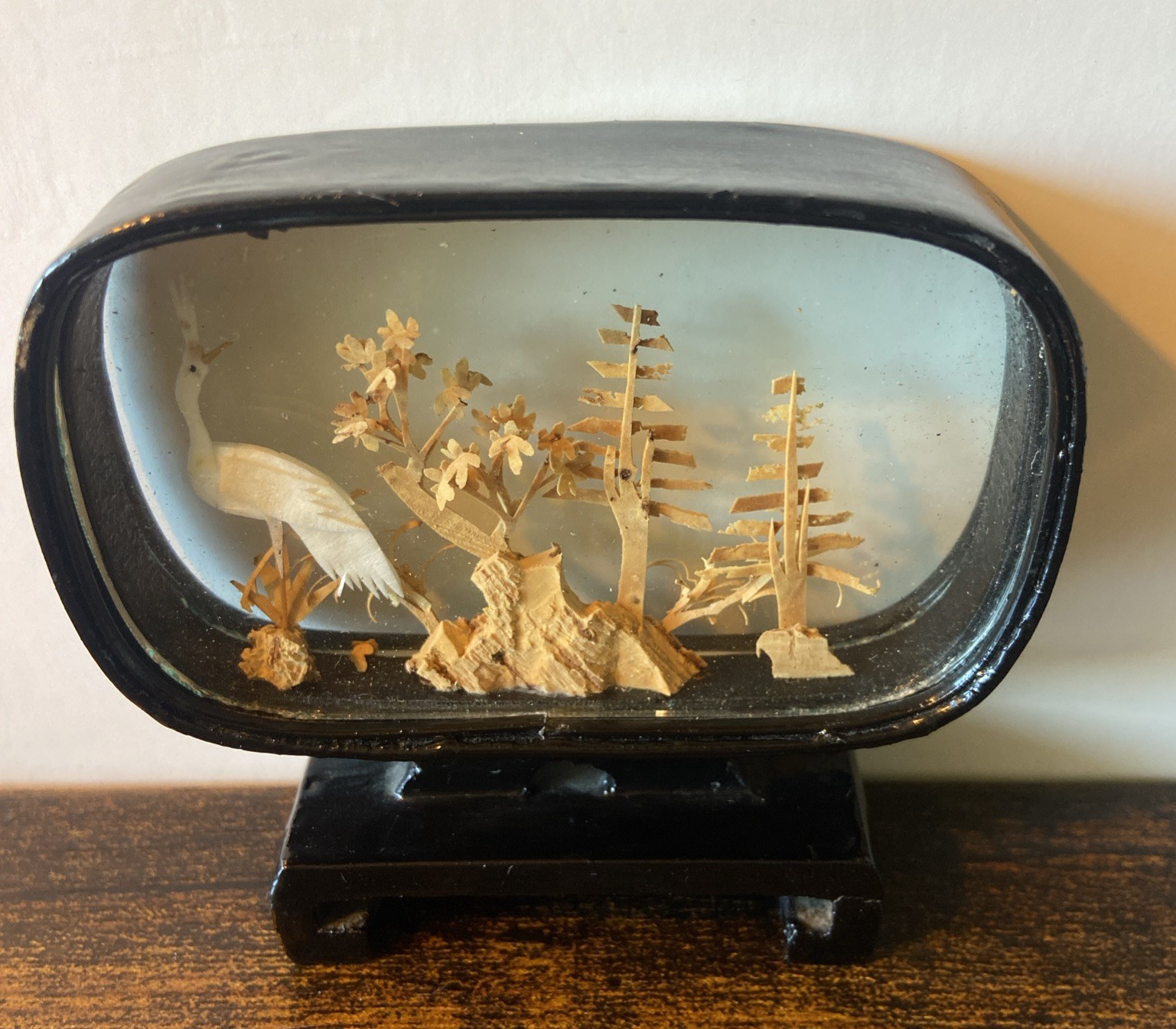 Vtg. Carved Cork Chinese Art Diorama with Cranes Pagoda and Trees Black Lacquer