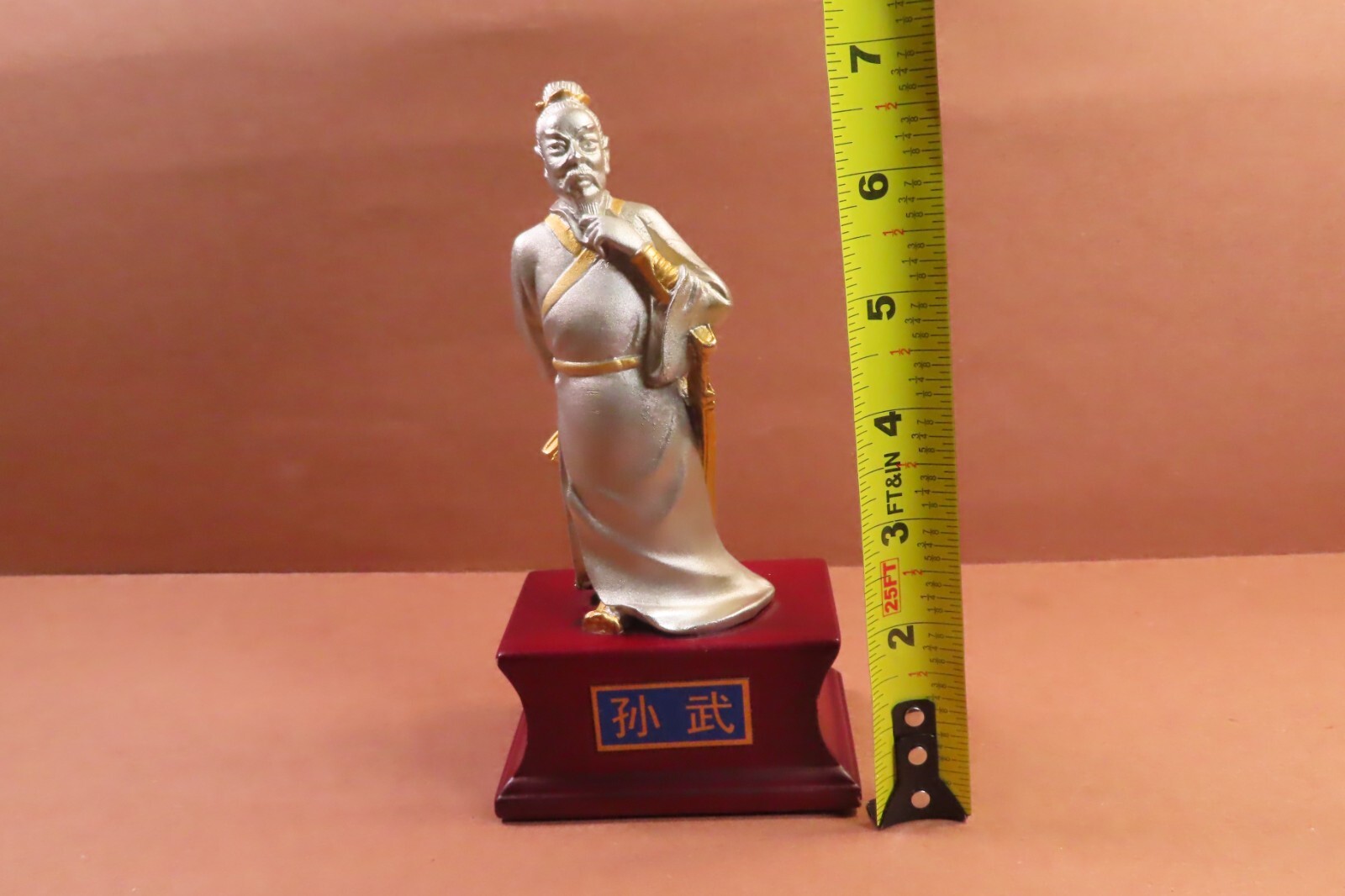 Chinese Asian Heavy Silver & Gold Metal Statue Sun Wu (Tzu) Military Figure 7″
