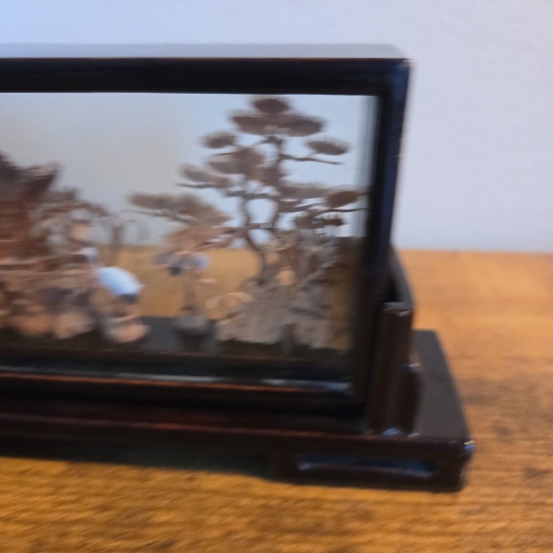 Chinese Carved Cork Sculpture Diorama 2 White Cranes Herons Black Enamel Frame