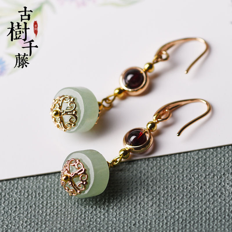 China Dongling Jade/Garnet/Alloy Tibetan Style Exquisite Earbob Earrings