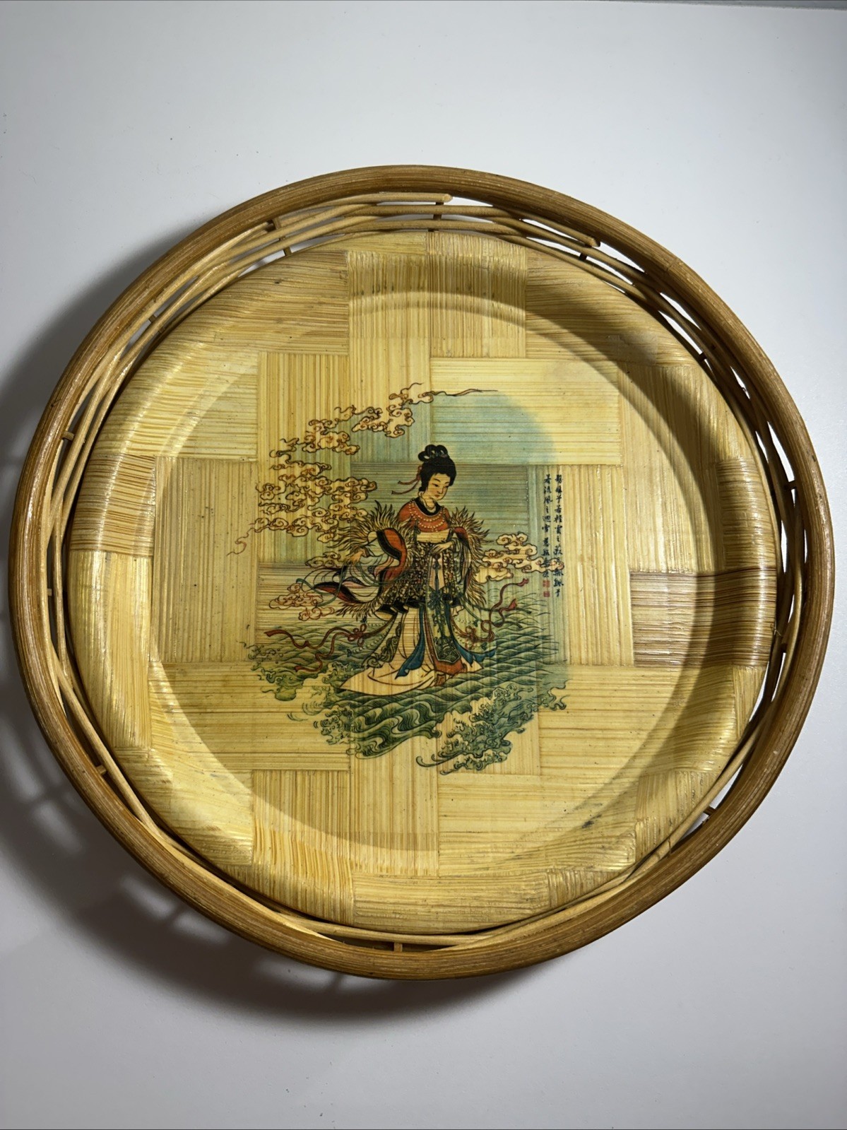 Vintage Decorative Hand Woven Painted Asian Bamboo Tray 13″ Im iR
