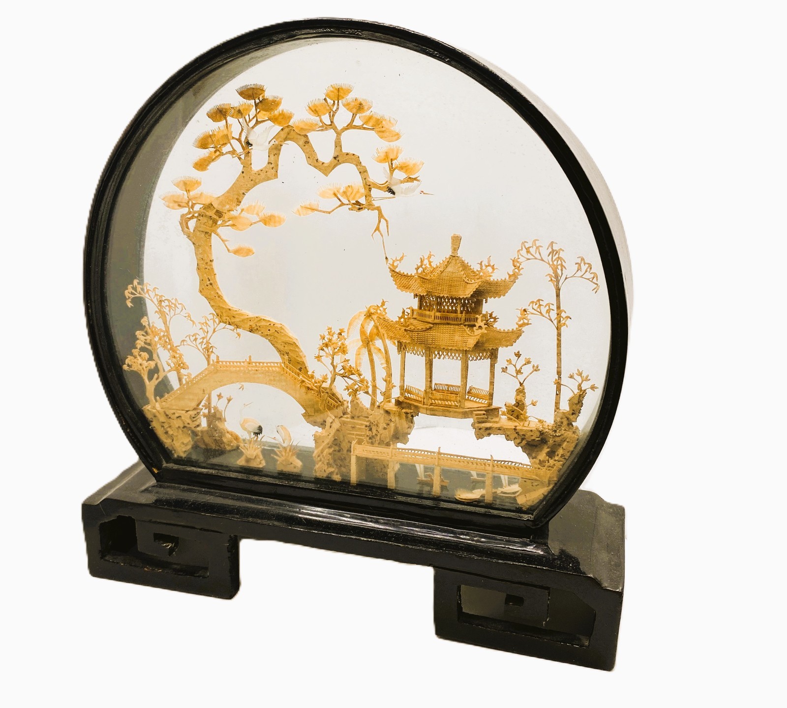 Vintage Chinese Cork Art Carving Diorama Pagoda Landscape Black Frame