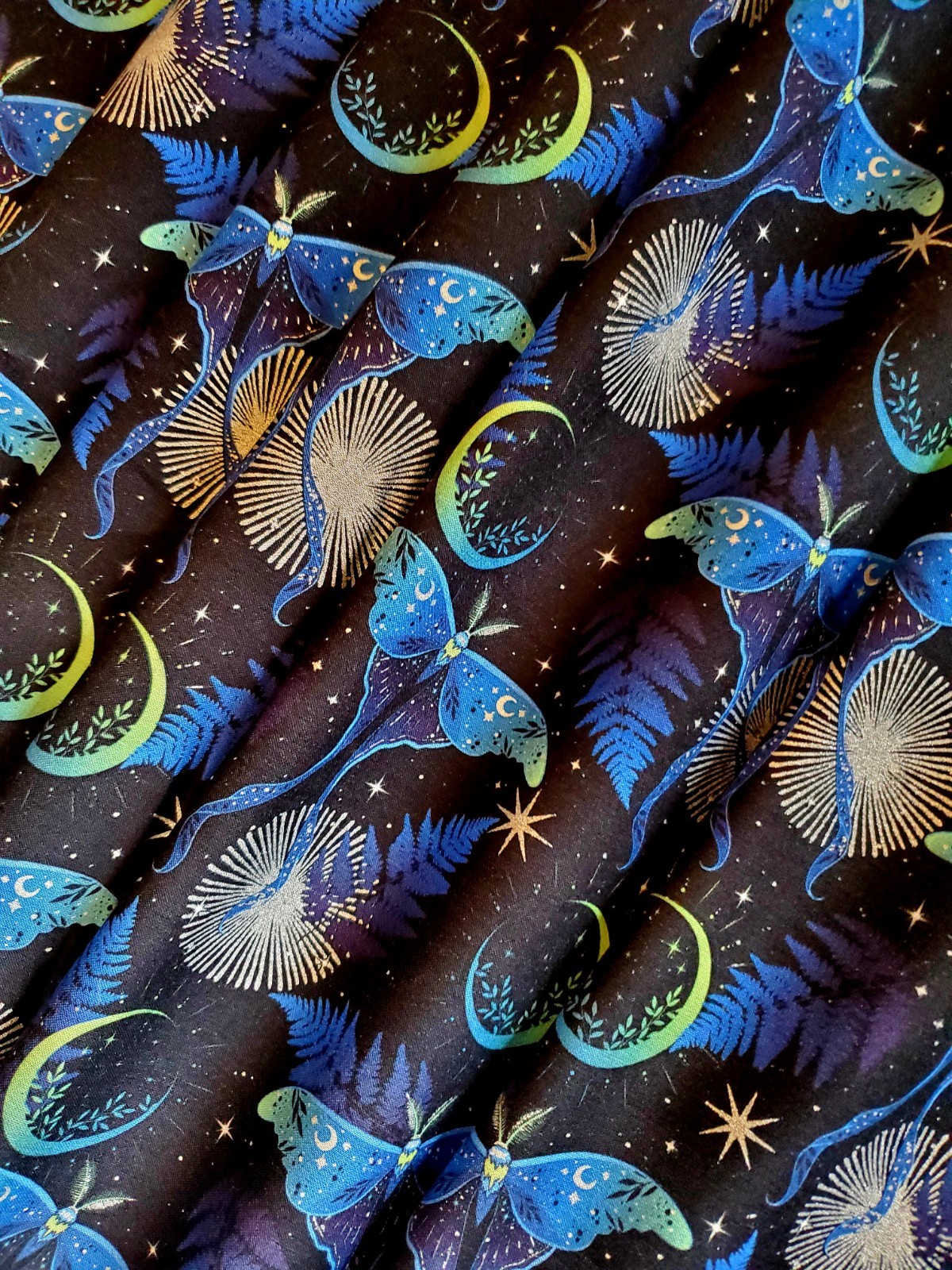 “La Luna” Blue/Silver Lunar Moths & Moons Fabric-100% Cotton•BTY•Fast Ship!