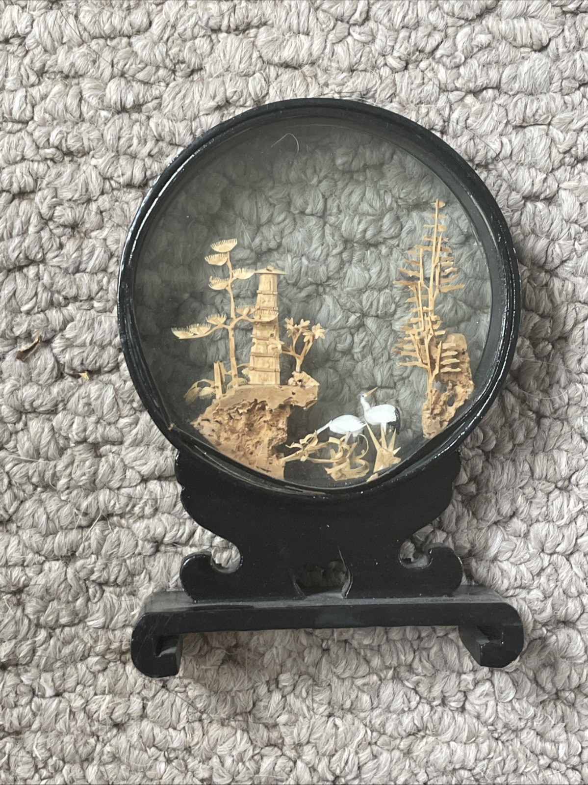 Vintage Chinese Hand Carved Cork Diorama with Pandas – 5.25″ in hgt by 4″ base