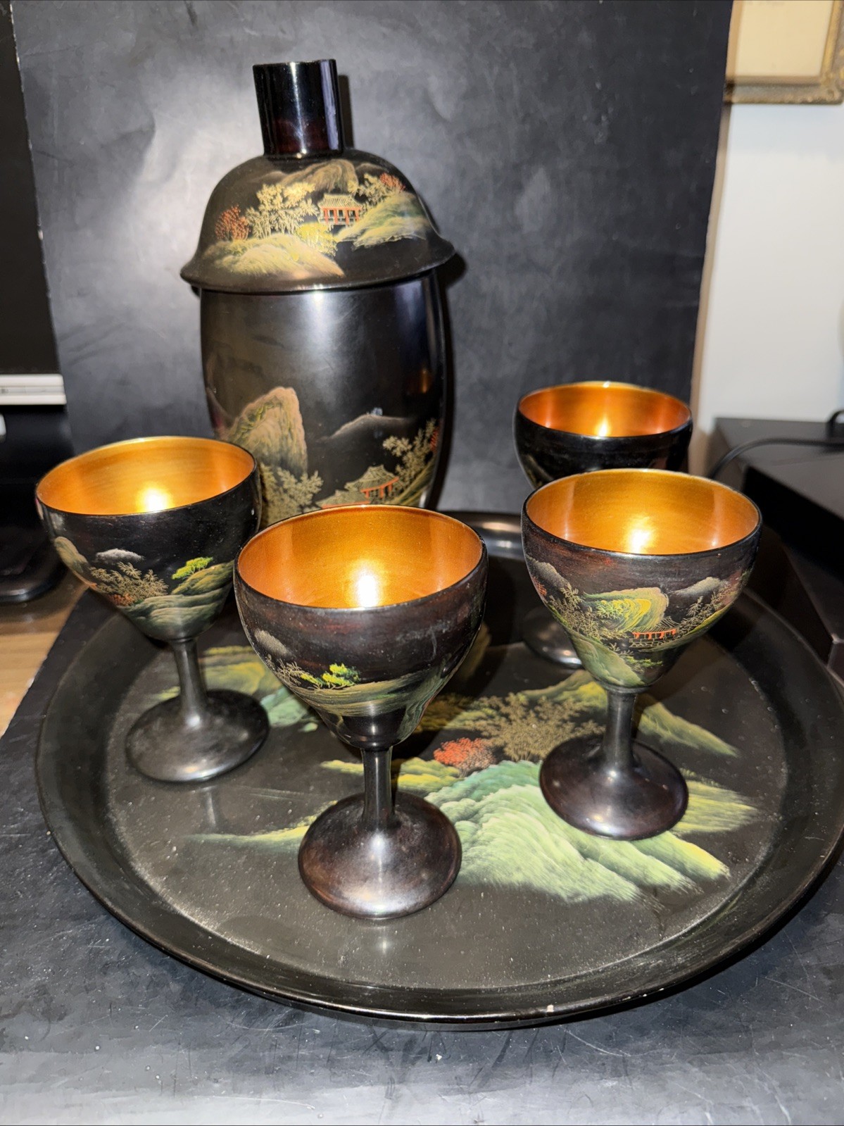 VINTAGE 1940s Chinese BLACK LACQUER Drinking Set With Tray