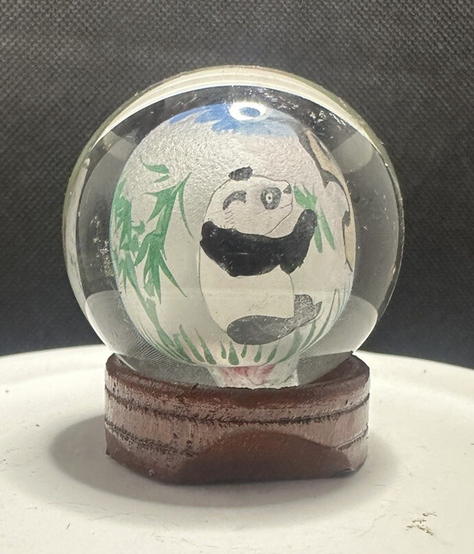 Vintage Mini Beautiful Panda Bear Sphere Globe Wood Base Chinese Reverse Painted