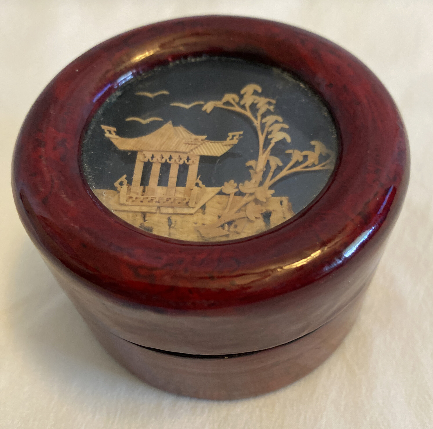Vintage Wooden Trinket Box with Carved Cork Inlay in the Lid Lined with Red Silk