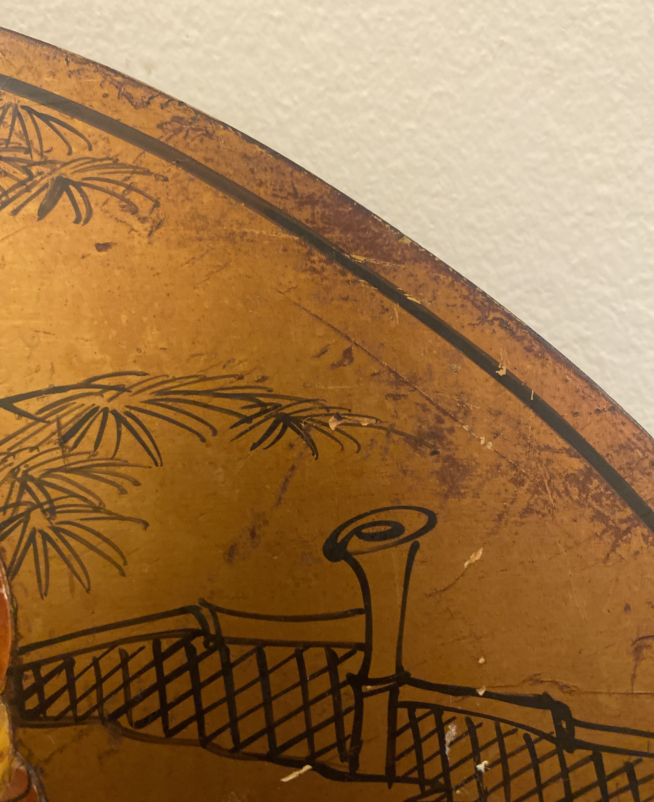VTG Chinese Lacquered Wooden Painted & Carved Fan Wall Hanging Plaque 18” X 10”