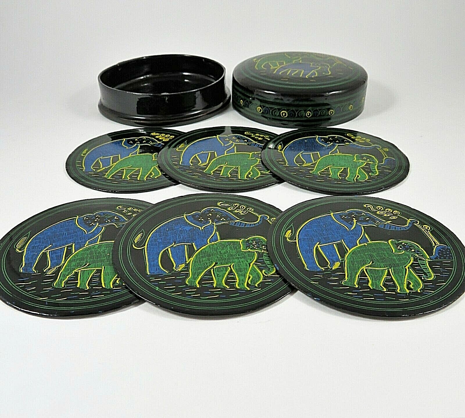 Vintage Burmese Black Lacquer 6 Coasters In Container Etched Elephants Motif