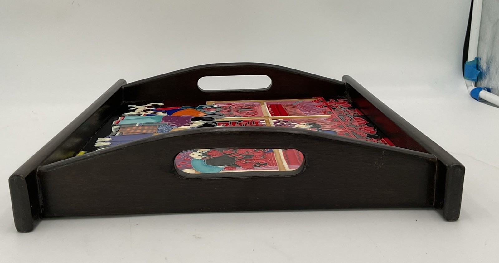 Decorative Serving Tray W/Ceramic Inlay Depicting Chinese Celebration