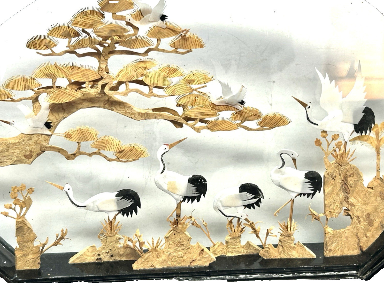 VTG CHINESE WOOD CARVED CORK ART 3D DIORAMA CRANES BIRDS PAGODA GARDEN 11 X 9