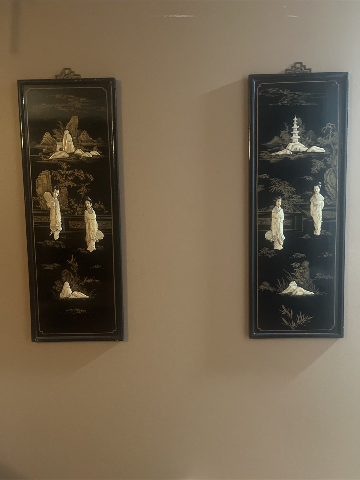 VTG 2 Asian Oriental BLACK Lacquer “Mother of Pearl Ivory Tone”Panels FREE SHIP