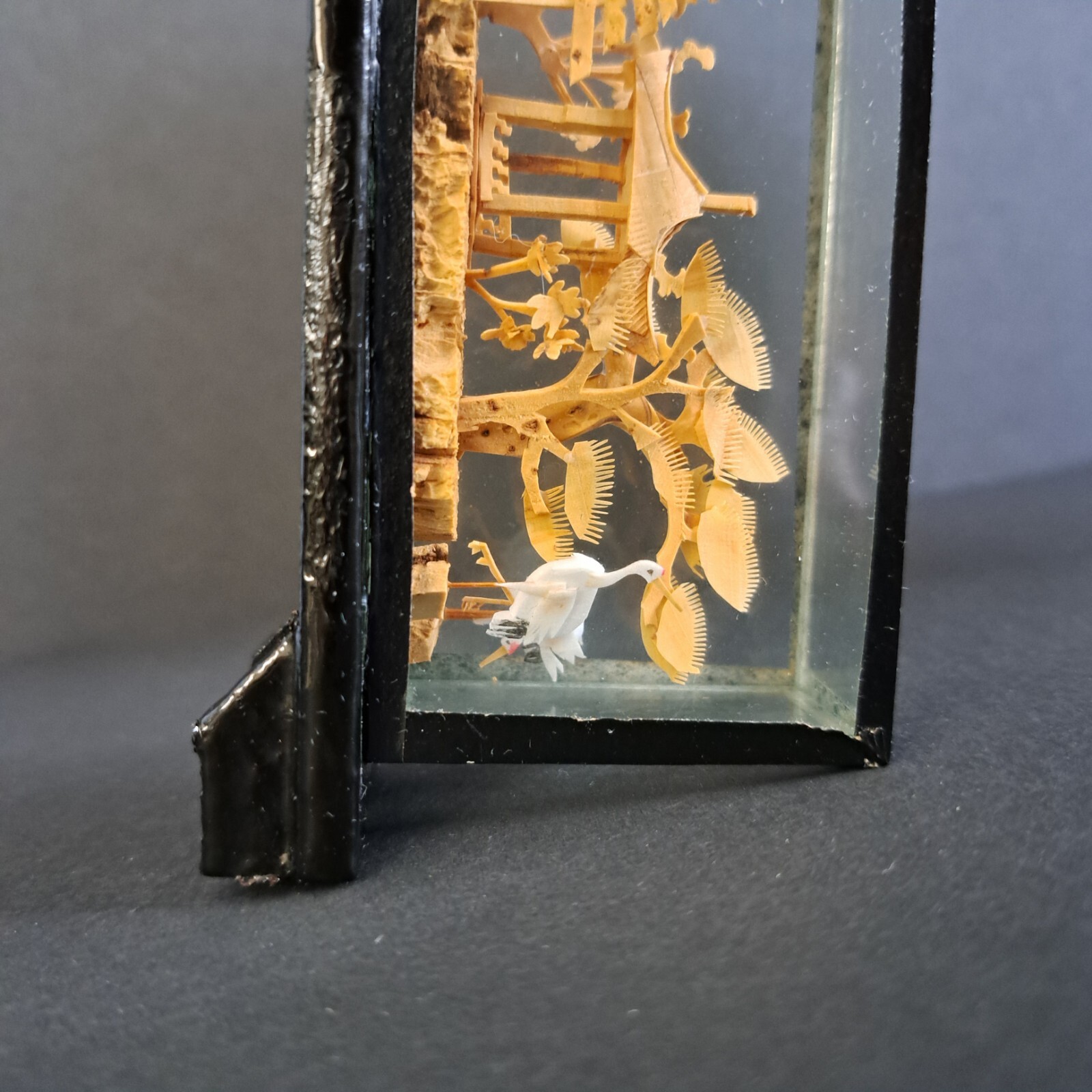 Carved Chinese Cork Diorama Shadow Box Sculpture In Glass Cranes Trees Pagoda