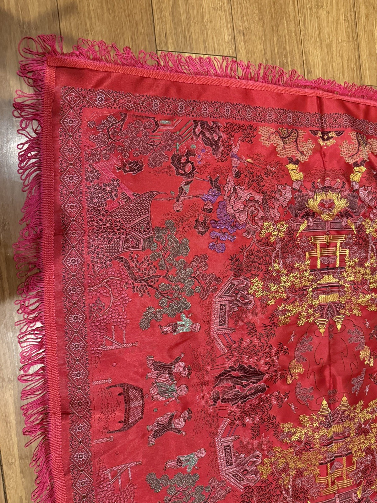 Vintage Brocaded Flowers Chinese Silk Tapestry Table Cloth 38” X 38”