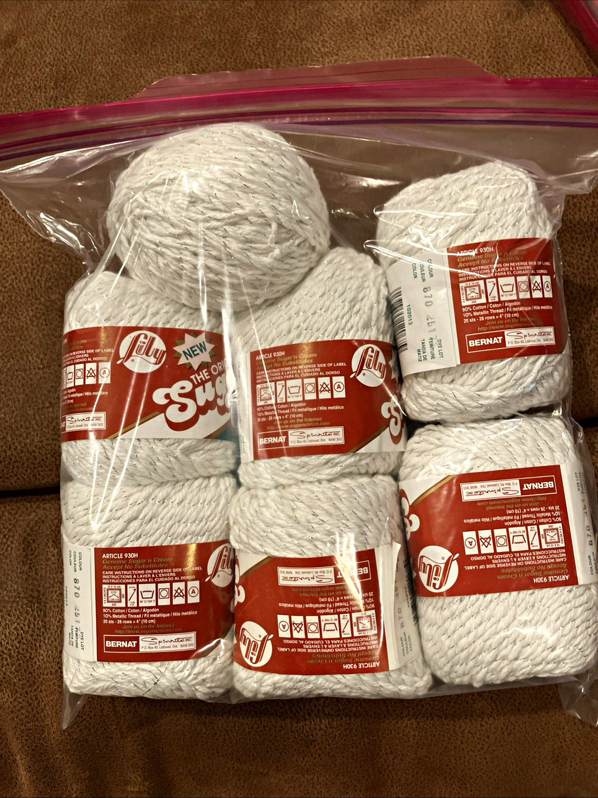 Lily Orig. Sugar’n Cream Yarn White Sparkle Christmas Cotton/Metallic yarn lot 7