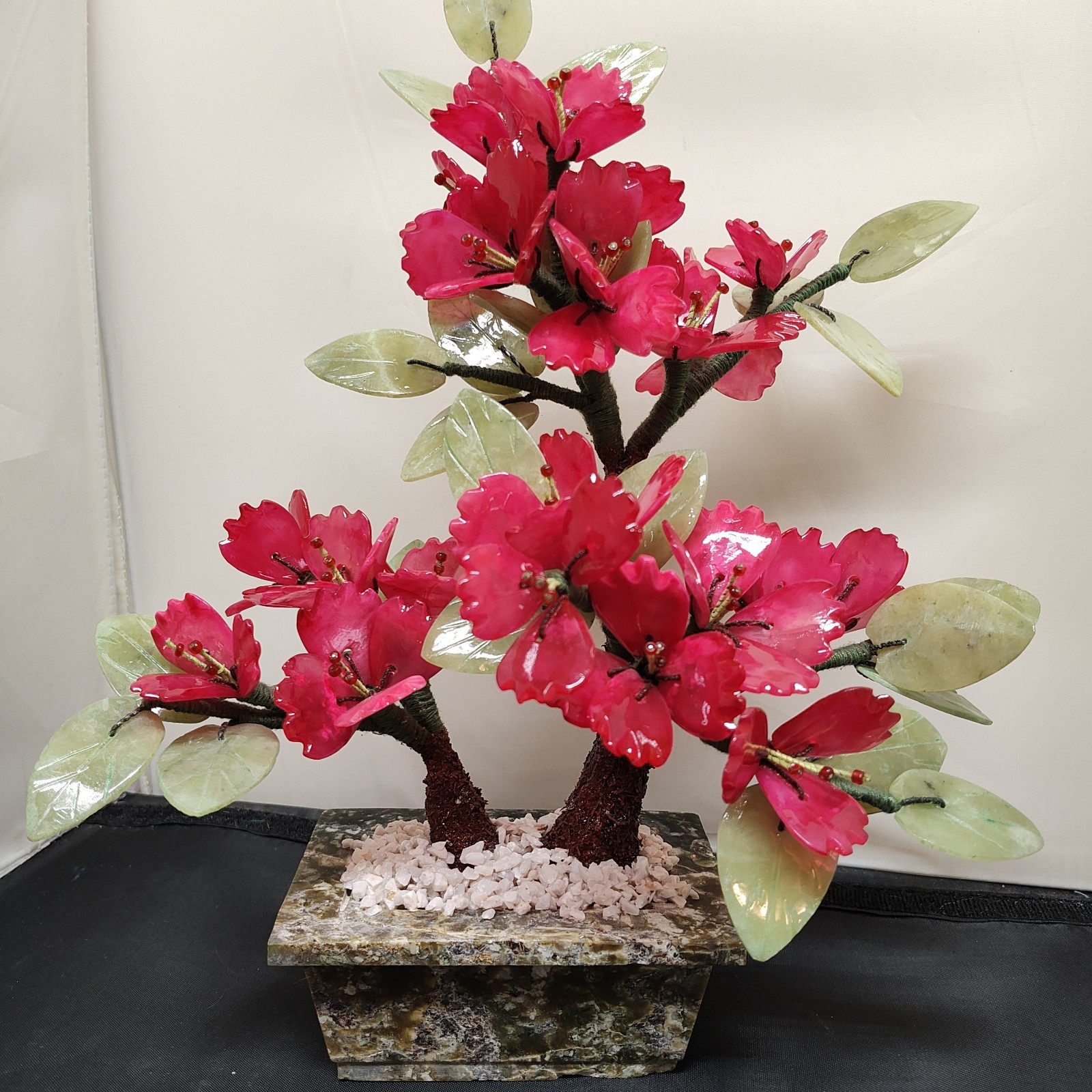 Vtg Bonsai Tree Glass Cherry Blossom Pink Flowers Jade Leaves Marble Pot 11 Inch