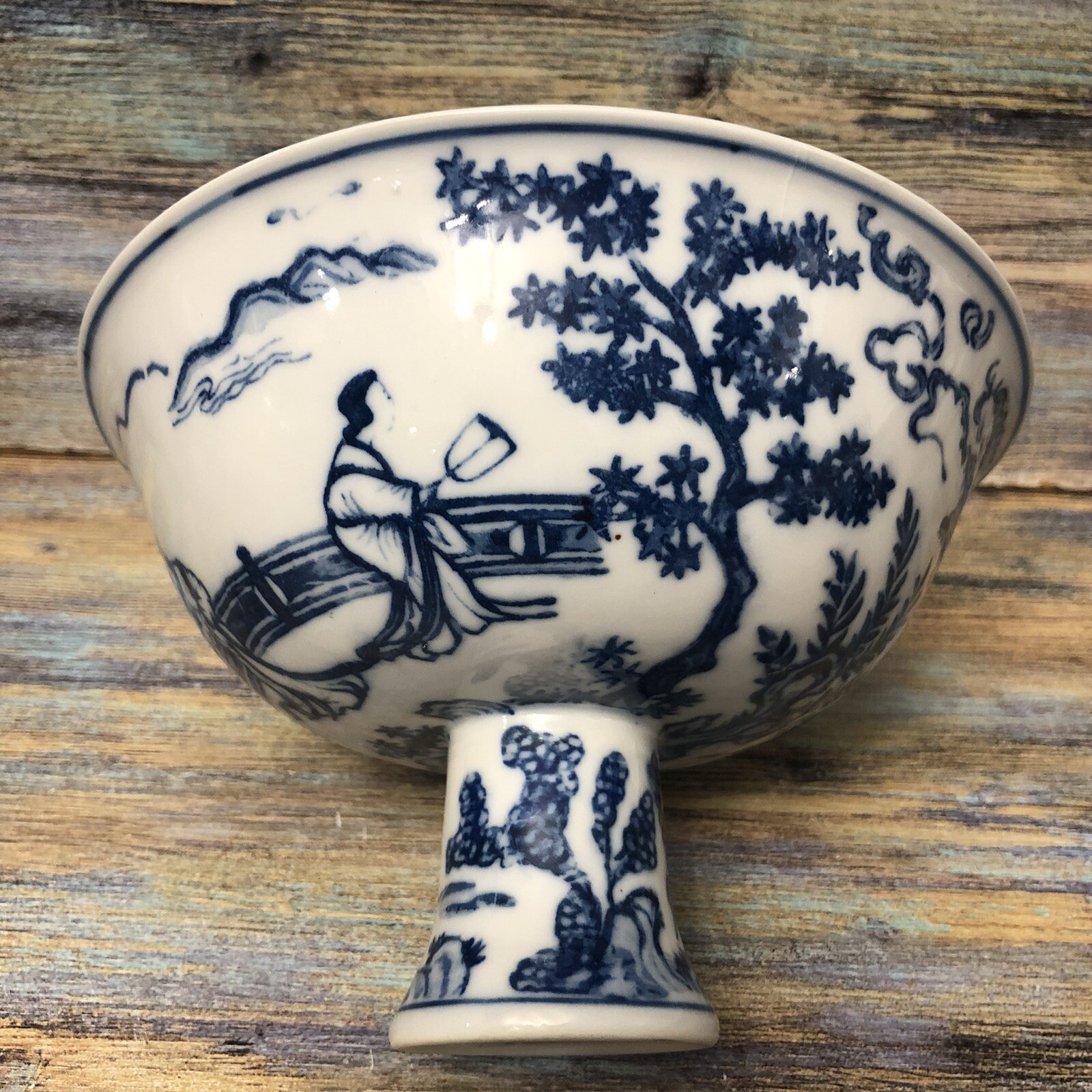 VTG WAN-LI LIMITED EDITION Porcelain Footed Pedestal Bowl 152/1000 White & Blue