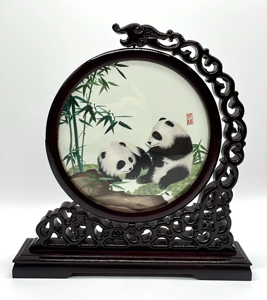 🐼 Vintage Chinese Silk Embroidery Panda Bamboo Round Panel w/ Carved Wood Stand
