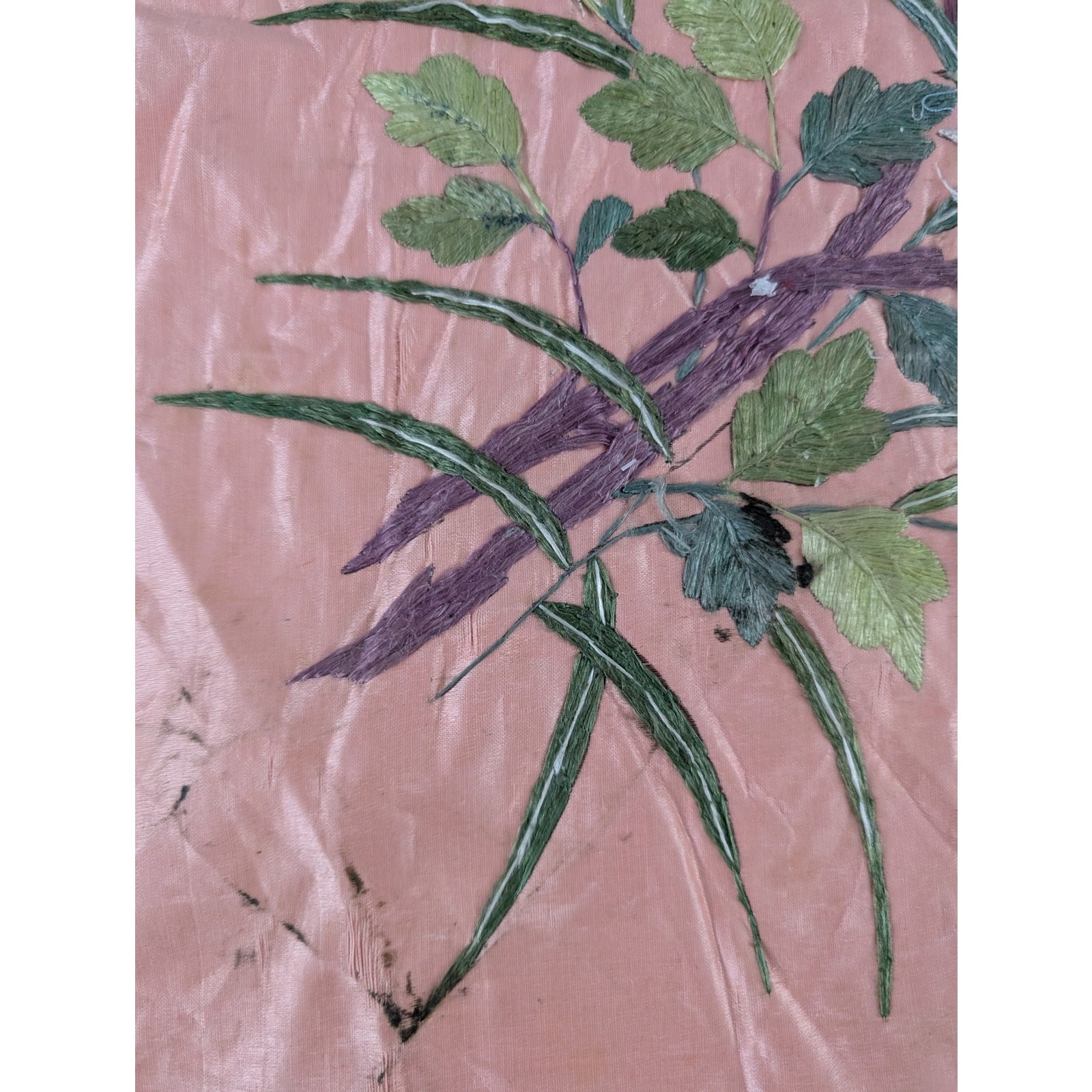 Vintage Chinese Hand Embroidered Floral & Butterfly Silk Textile 23x18in