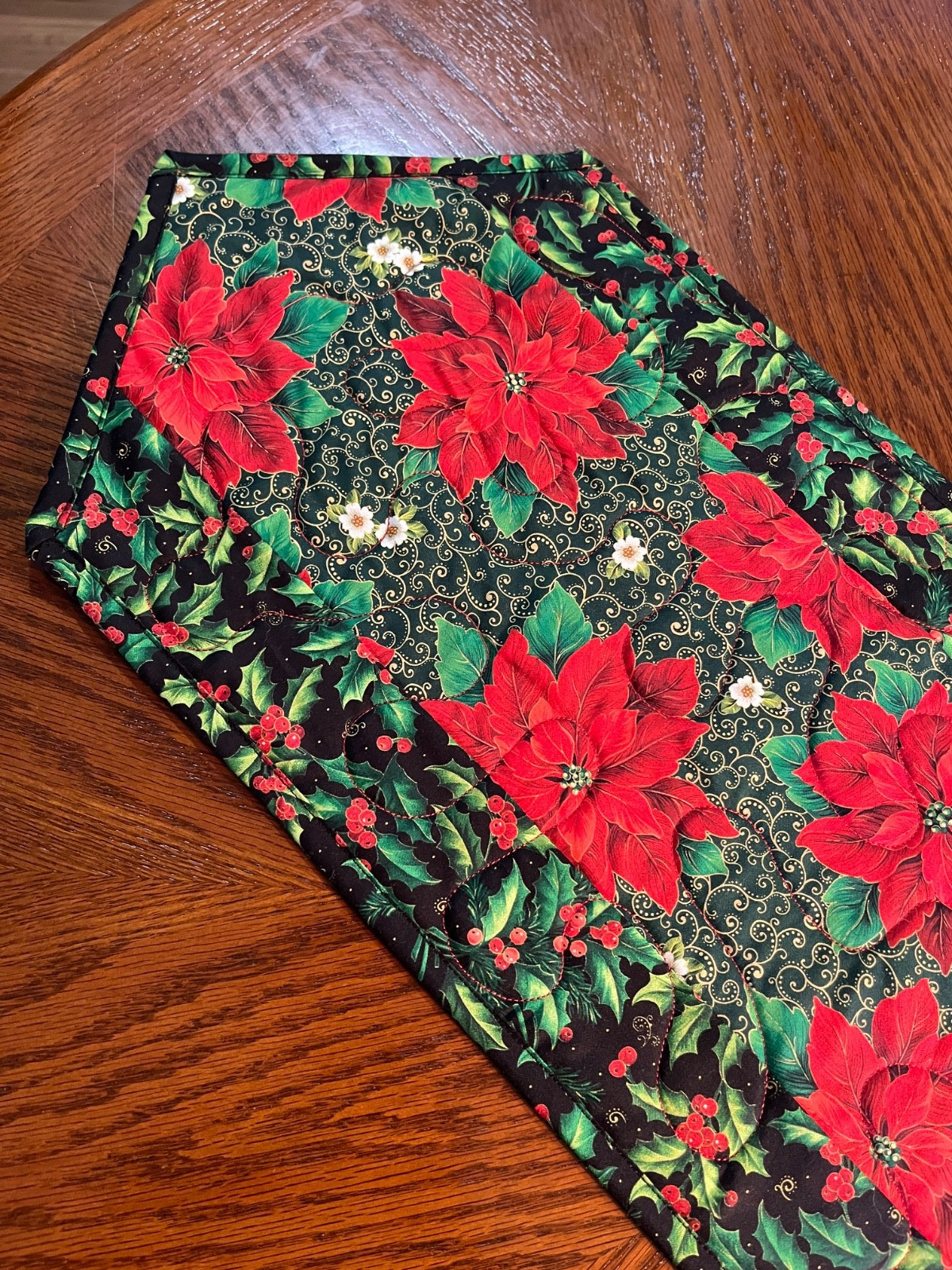Handcrafted – Quilted Table Runner -Christmas- Poinsettias Galore+ New-Aug 2025