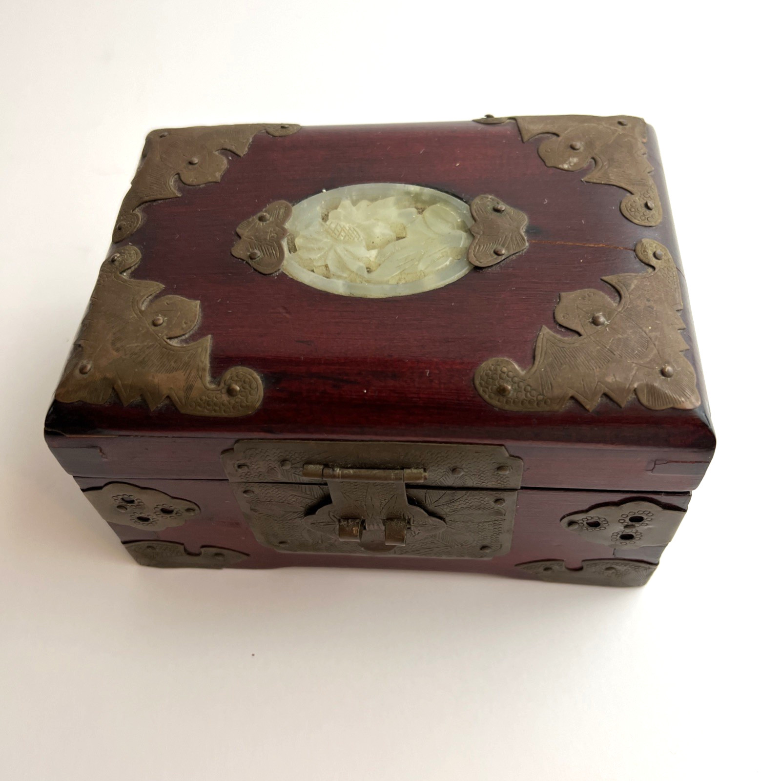 Rare Vintage Chinese Mahogany Jewel Box Chased Brass Accent Lock Jade Medallion