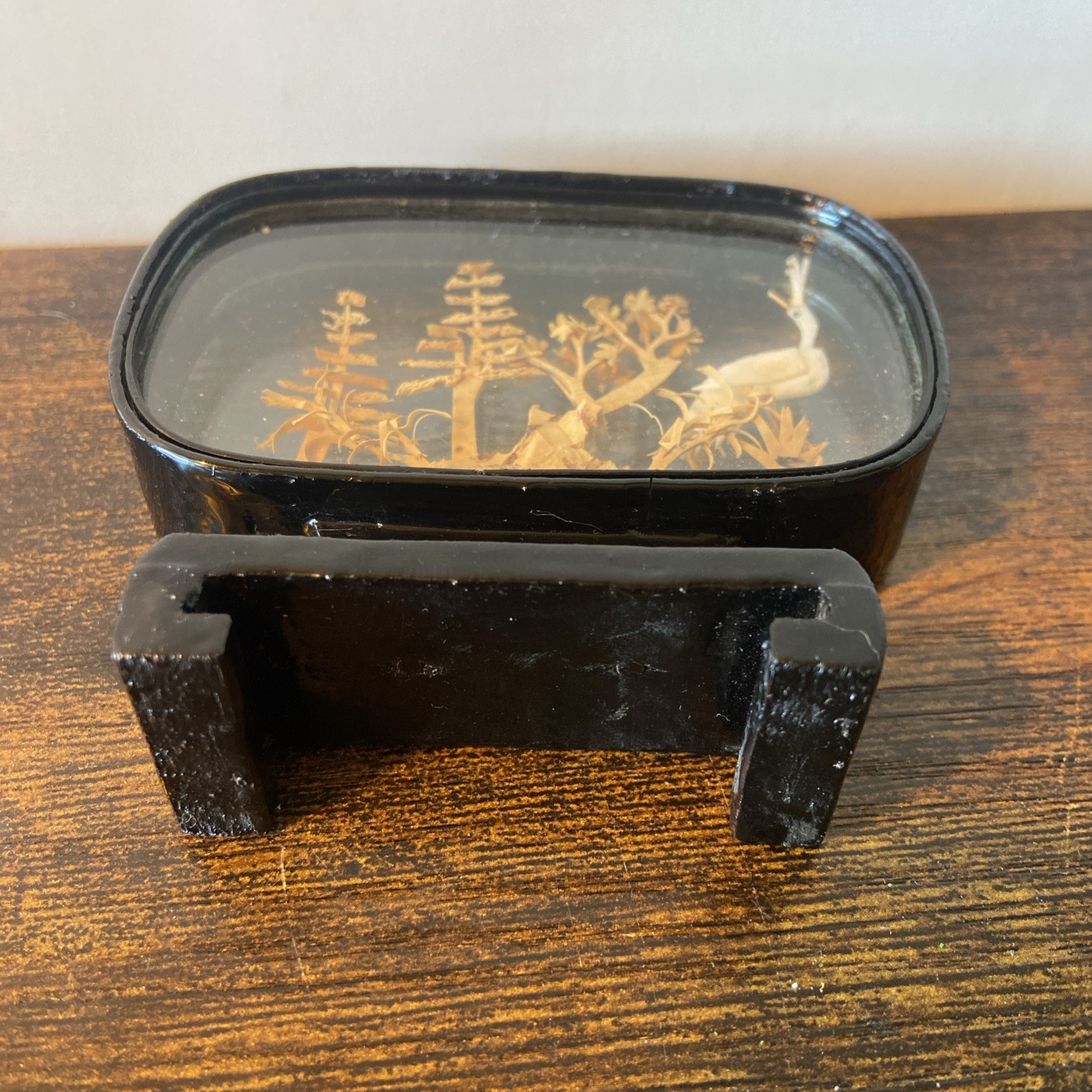 Vtg. Carved Cork Chinese Art Diorama with Cranes Pagoda and Trees Black Lacquer