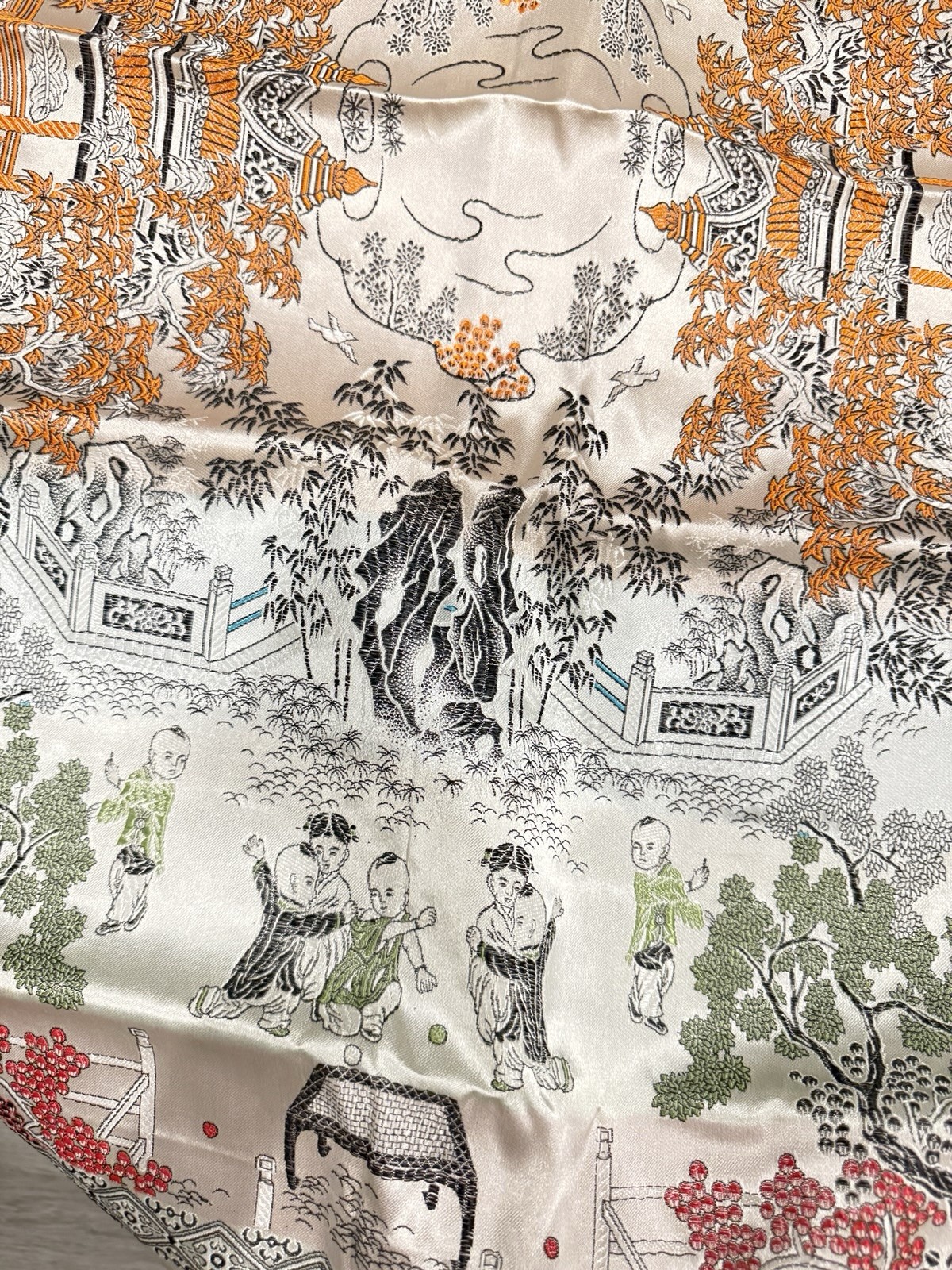 Vintage Brocaded Flowers Chinese Silk Tapestry Children Table Cloth – 36×39 In