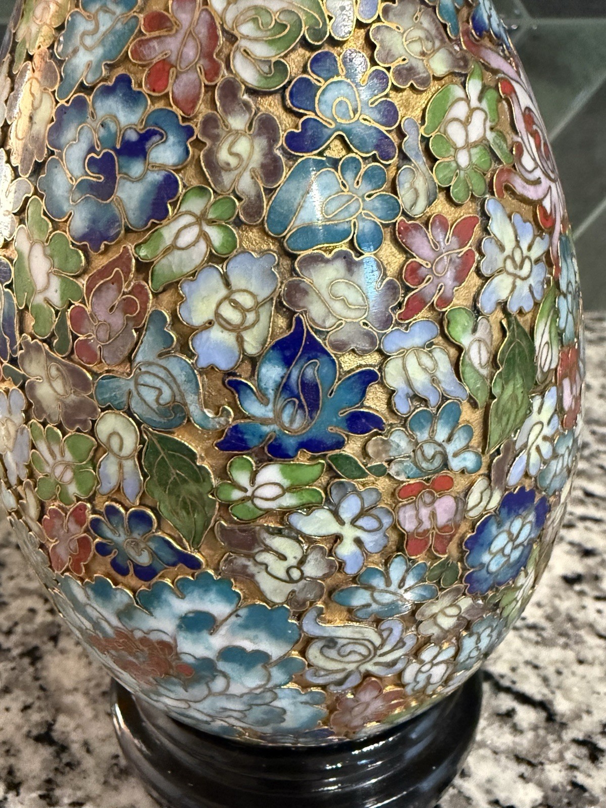 Vintage Chinese Cloisonné Large Gilded Egg w/ Wood Stand Floral, Millefleurs