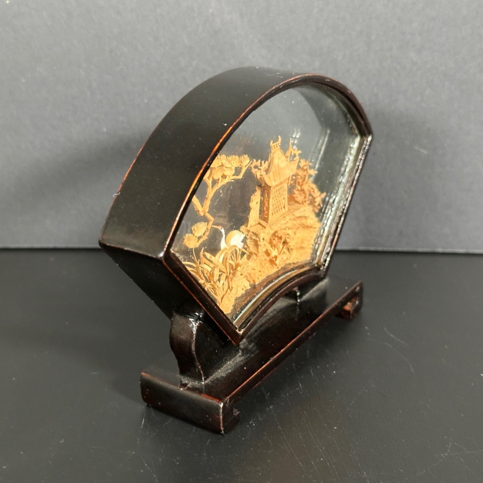 VTG Chinese Hand Carved 3D CORK ART DIORAMA San You Landscape Fan Shaped Frame