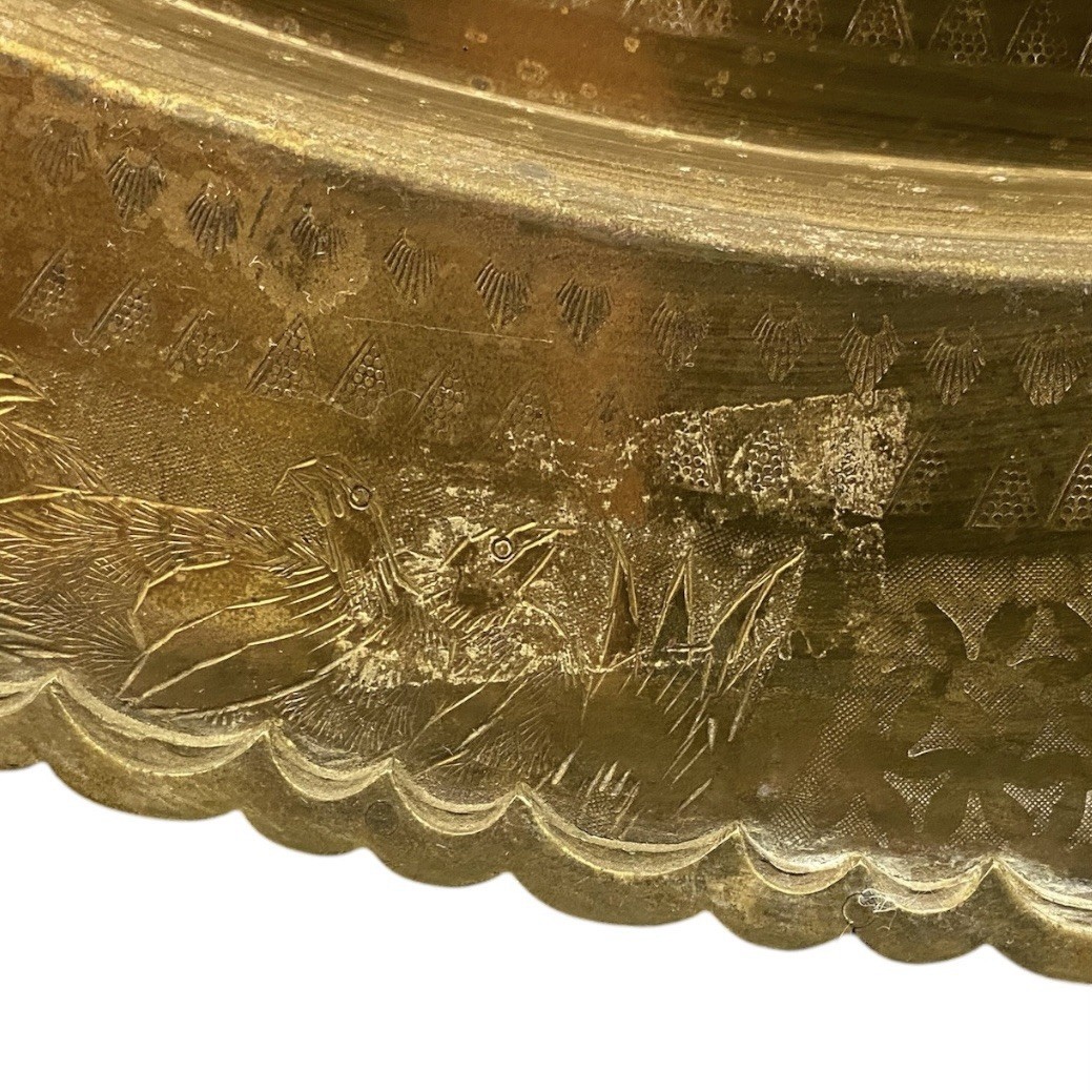 Mid Century Brass Chinese Phoenix Round Tray Engraved Wall Art Good Fortune 30in
