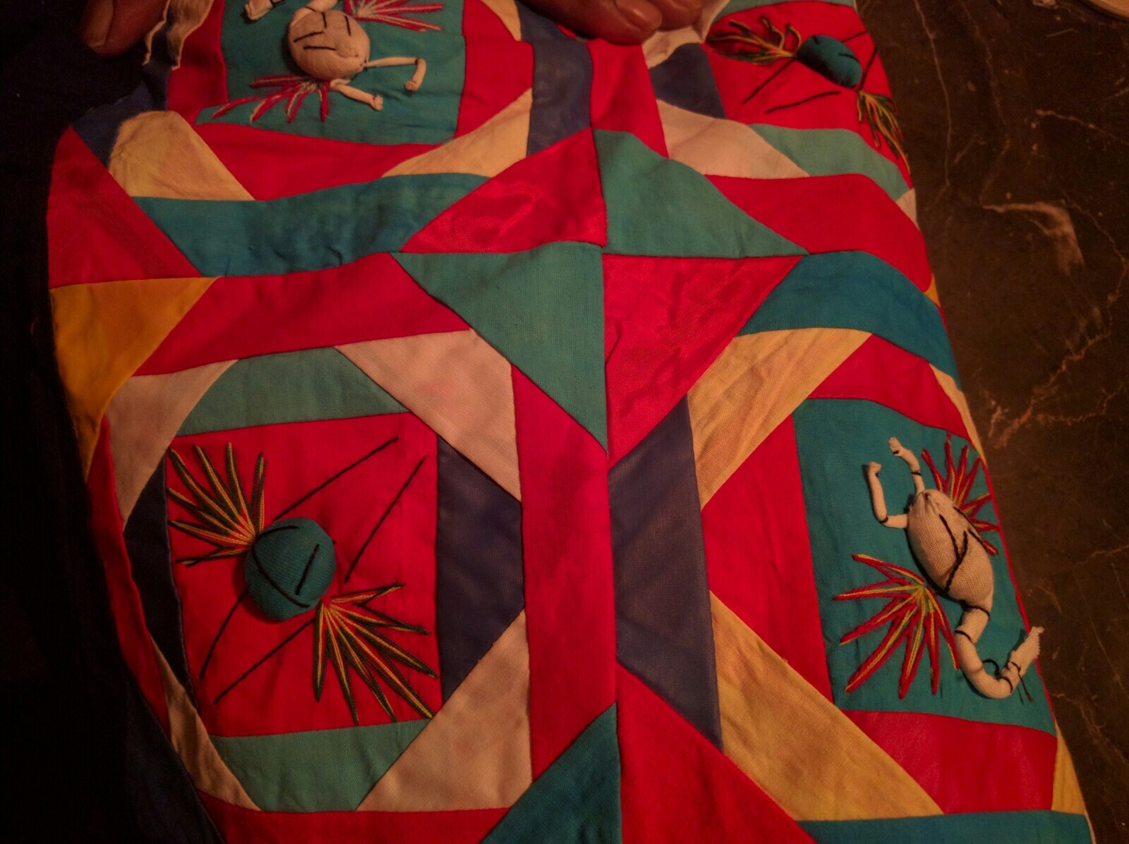 Vntg multi-color Chinese “bai Jim bie” Folk Art Quilt 59” x 59” 3D Textile Art