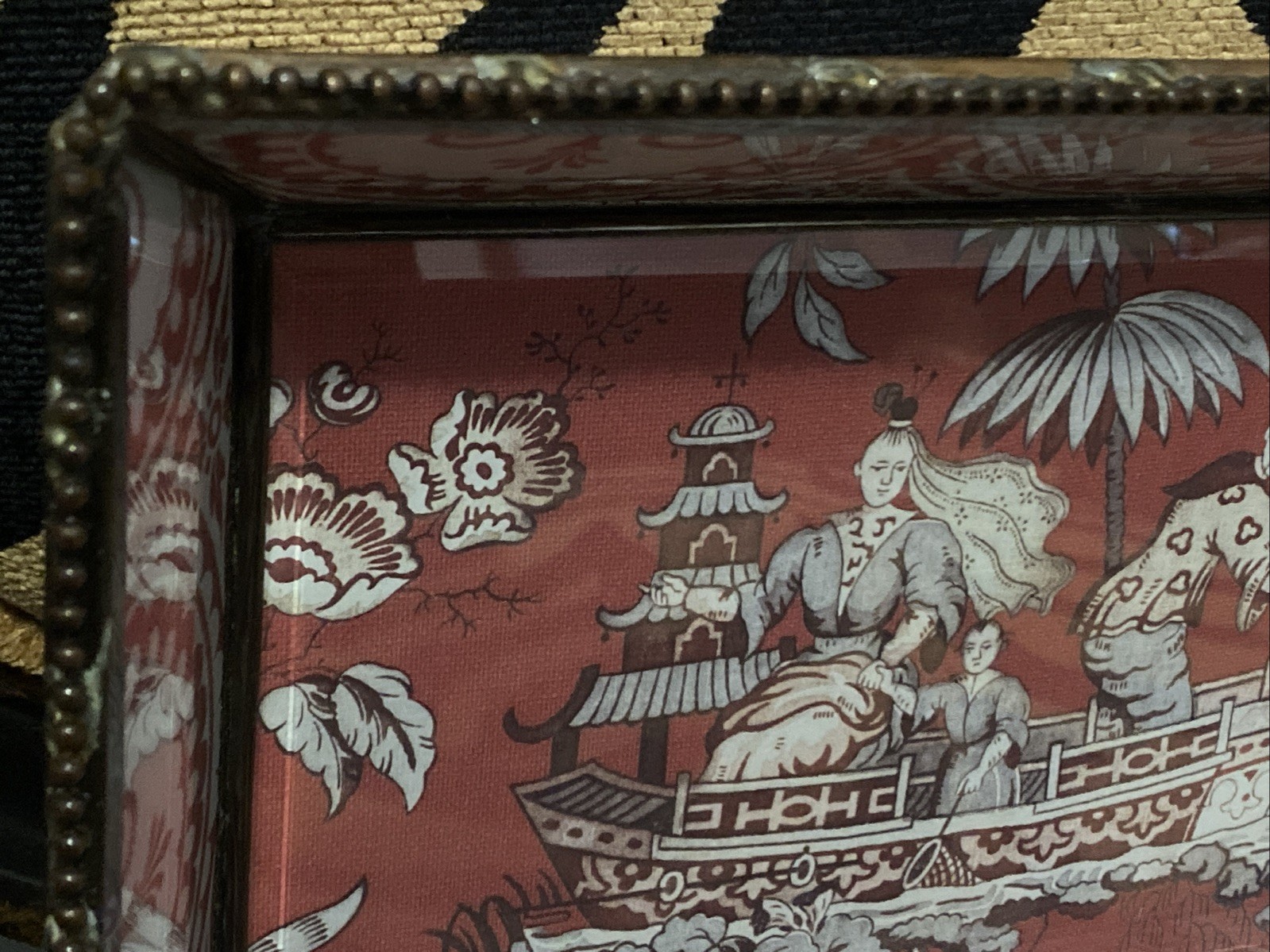 Vintage Chinoiserie Leaded glass Tray Chinese Culture Designs Reddish Pink