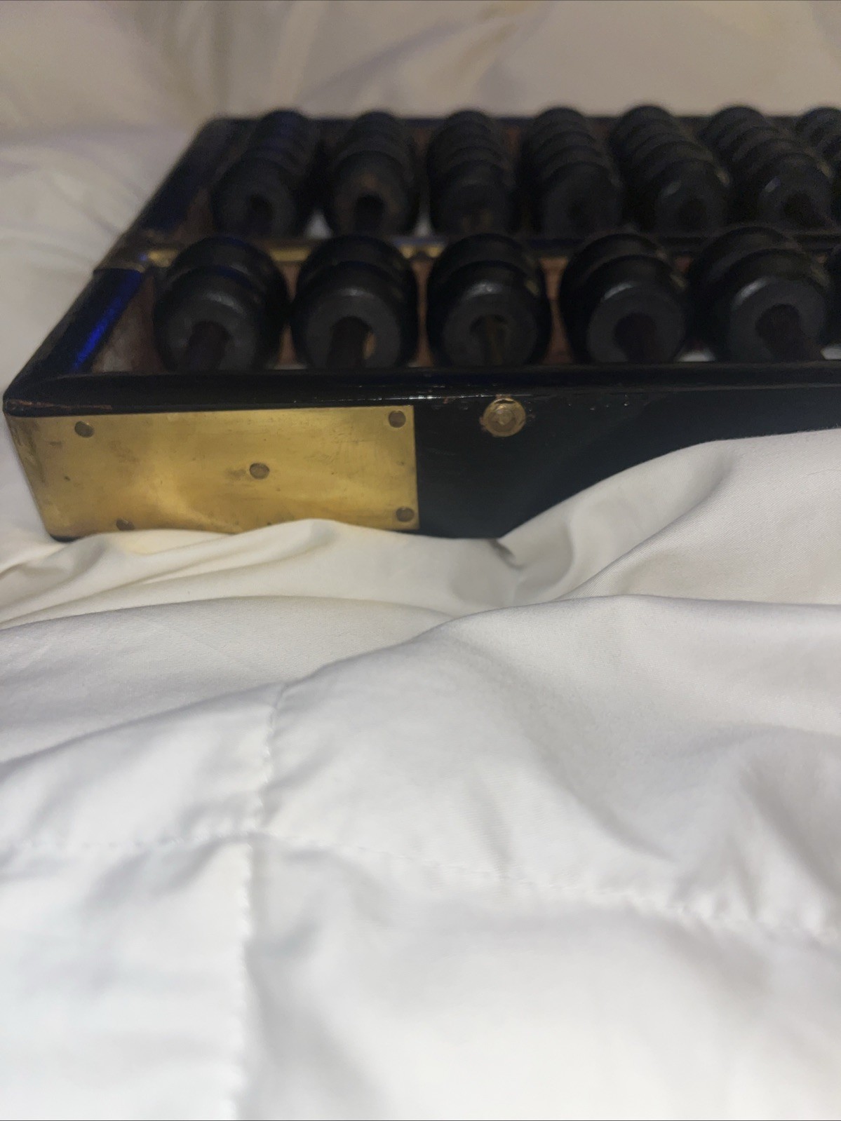 Vintage Abacus -11 RODS 77 BEADS Wood Black Painted Brass Accents Hong Kong