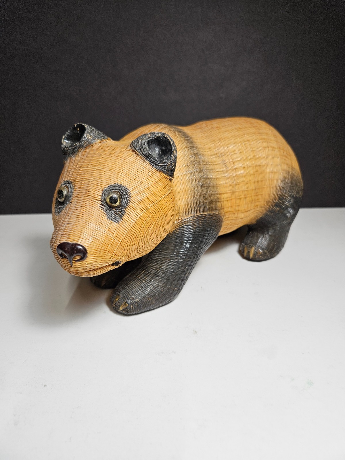 Vintage authentic Chinese Woven Rattan Wicker Panda Bear Shanghai Handicrafts
