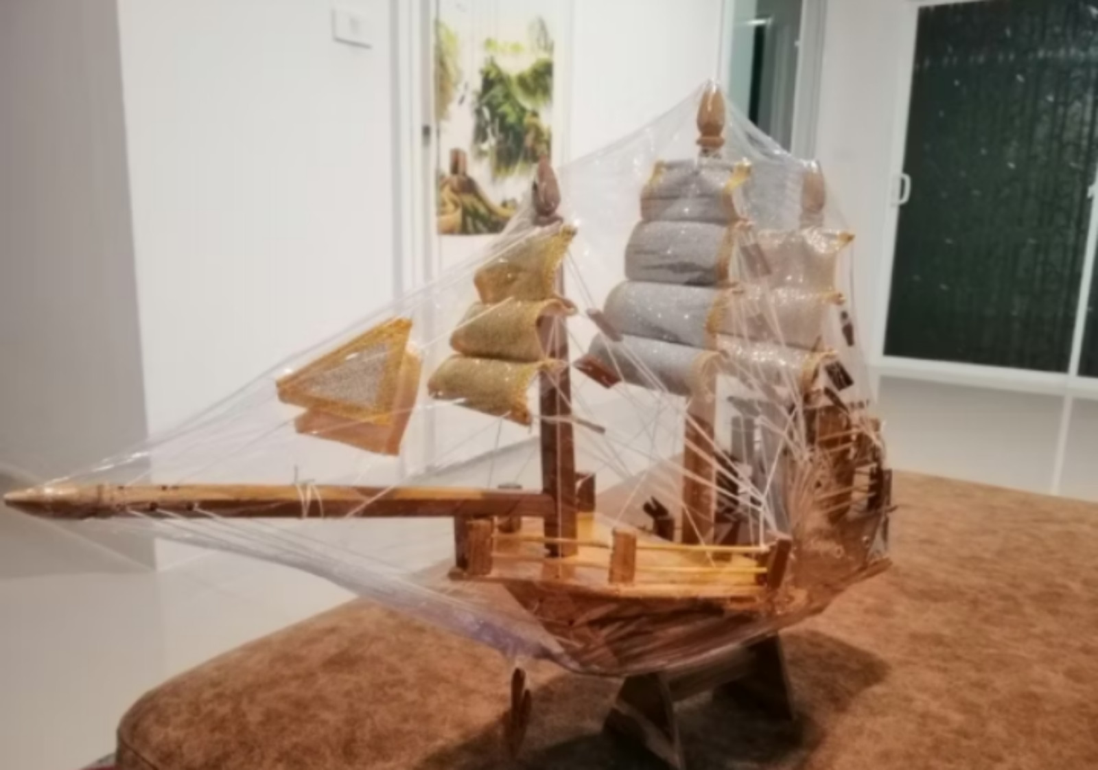 Golden Teak Chinese Junk Ship Model for Prosperity and Fortune
