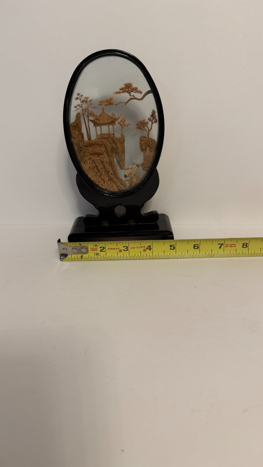 San You Chinese Carved Cork Diorama Glass Case Cranes Pagoda Trees 8 Inch
