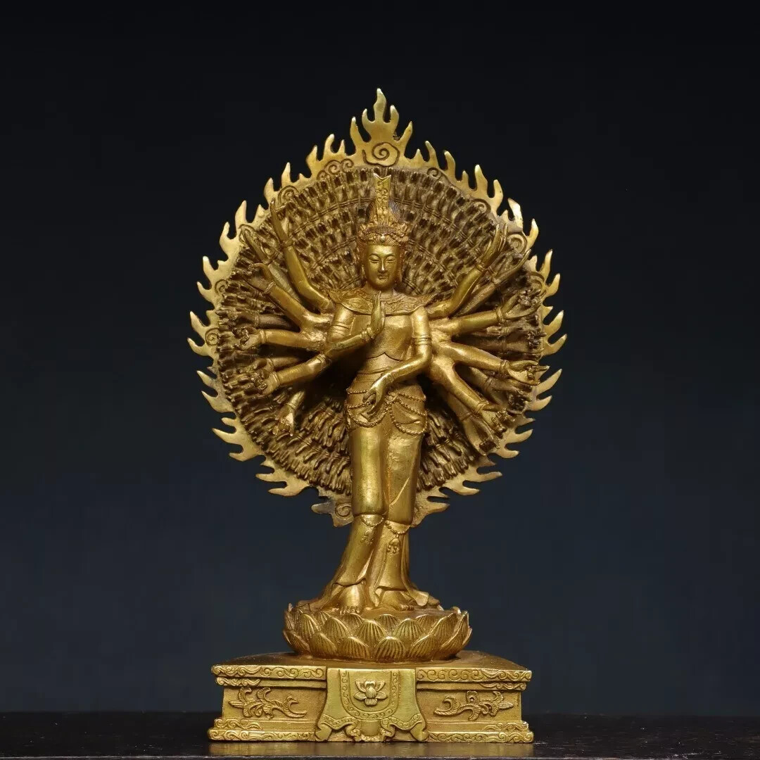 Fengshui old chinese copper Bronze gilded statue of Thousand Handed Guanyin