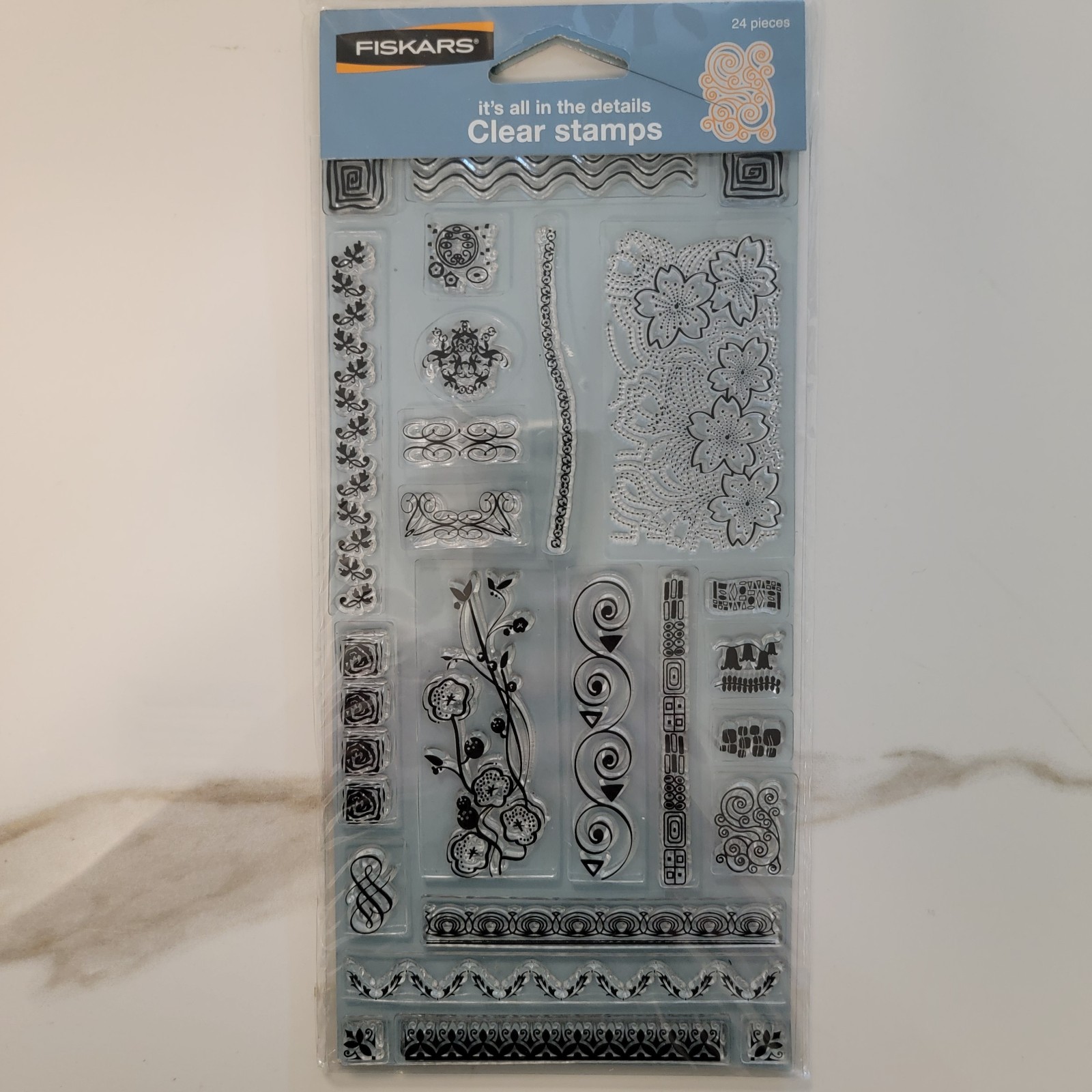 Fiskars IT’S ALL IN THE DETAILS-FLOWERS SWIRLS DOTS Clear Cling Stamps Set of 24