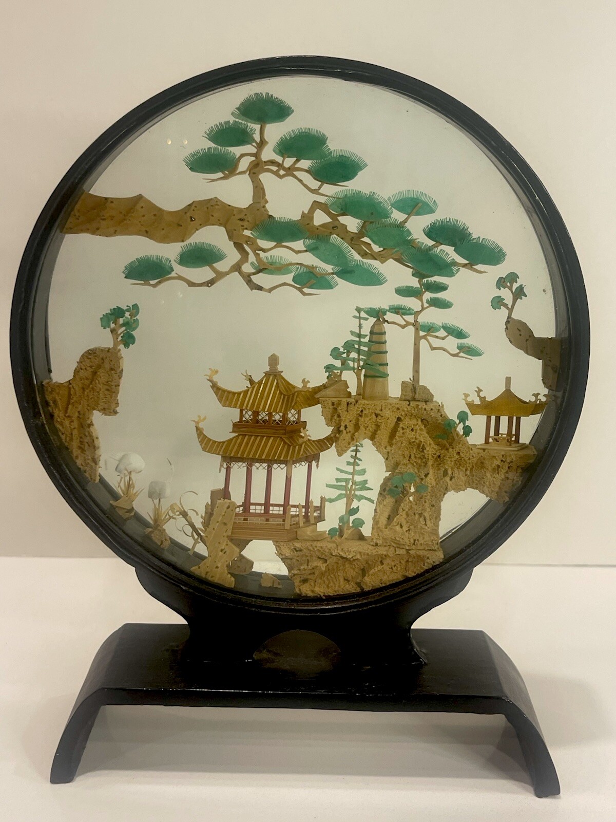 VTG PERFECT Chinese Cork Carving Lattice Pavilion Diorama Black Lacquer Frame