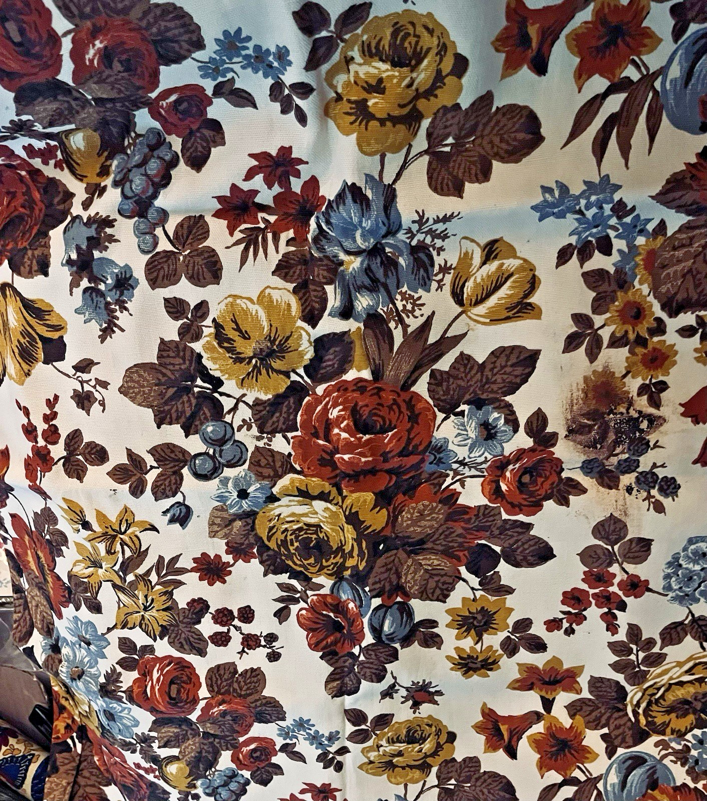 VTG Blue Brown Green Orange Rust Florals on Cream for Home Decor 45″ X 51”