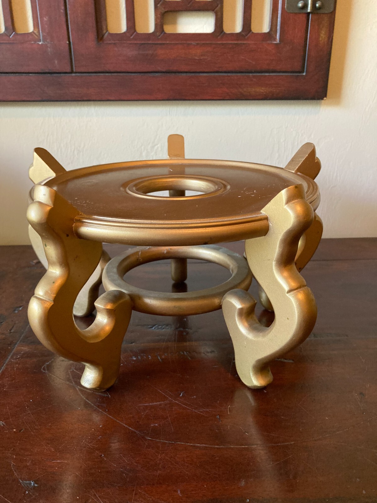 5 leg Asia China Gold STAND PEDESTAL DISPLAY~For 8″ diam pot~12 wide X 6.5 tall