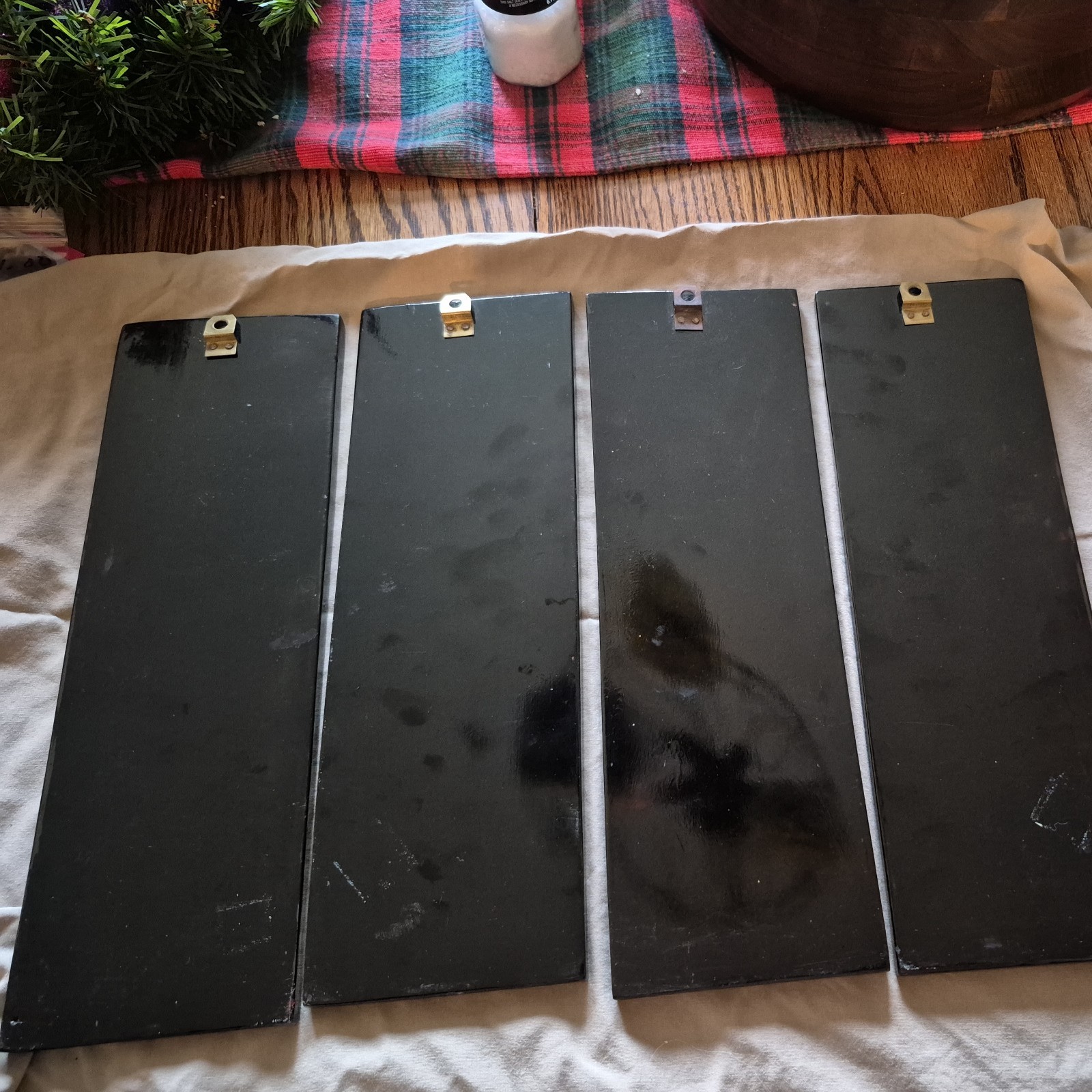 4 Vintage Asian Vietnamese Hand Painted Black Lacquer Wall Art Plaque Panels