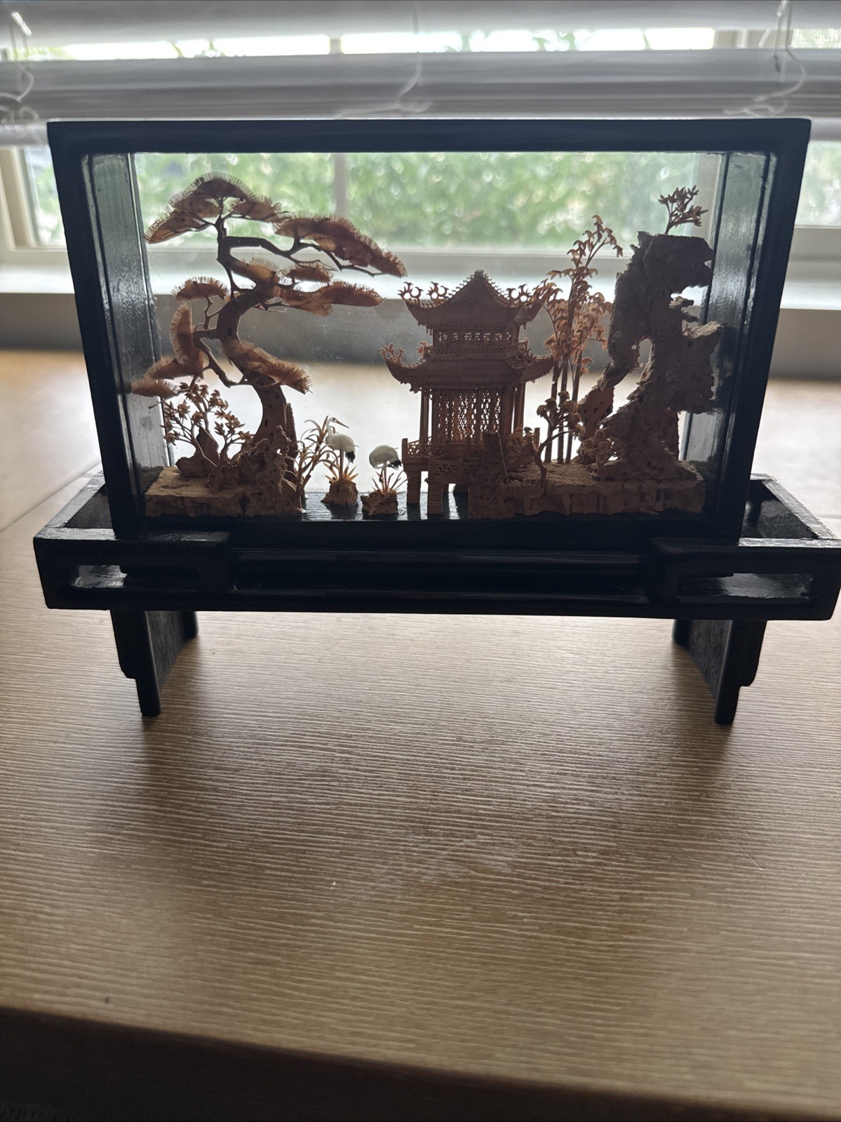 Carved Cork Diorama Shadow Box Sculpture In Glass Cranes Trees Pagoda Chinese