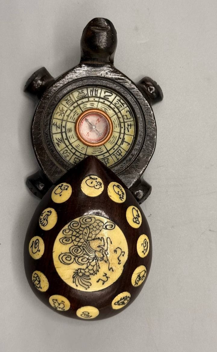 Vintage Carved Wood Turtle with Chinese Zodiac Compass – Functional Inlay