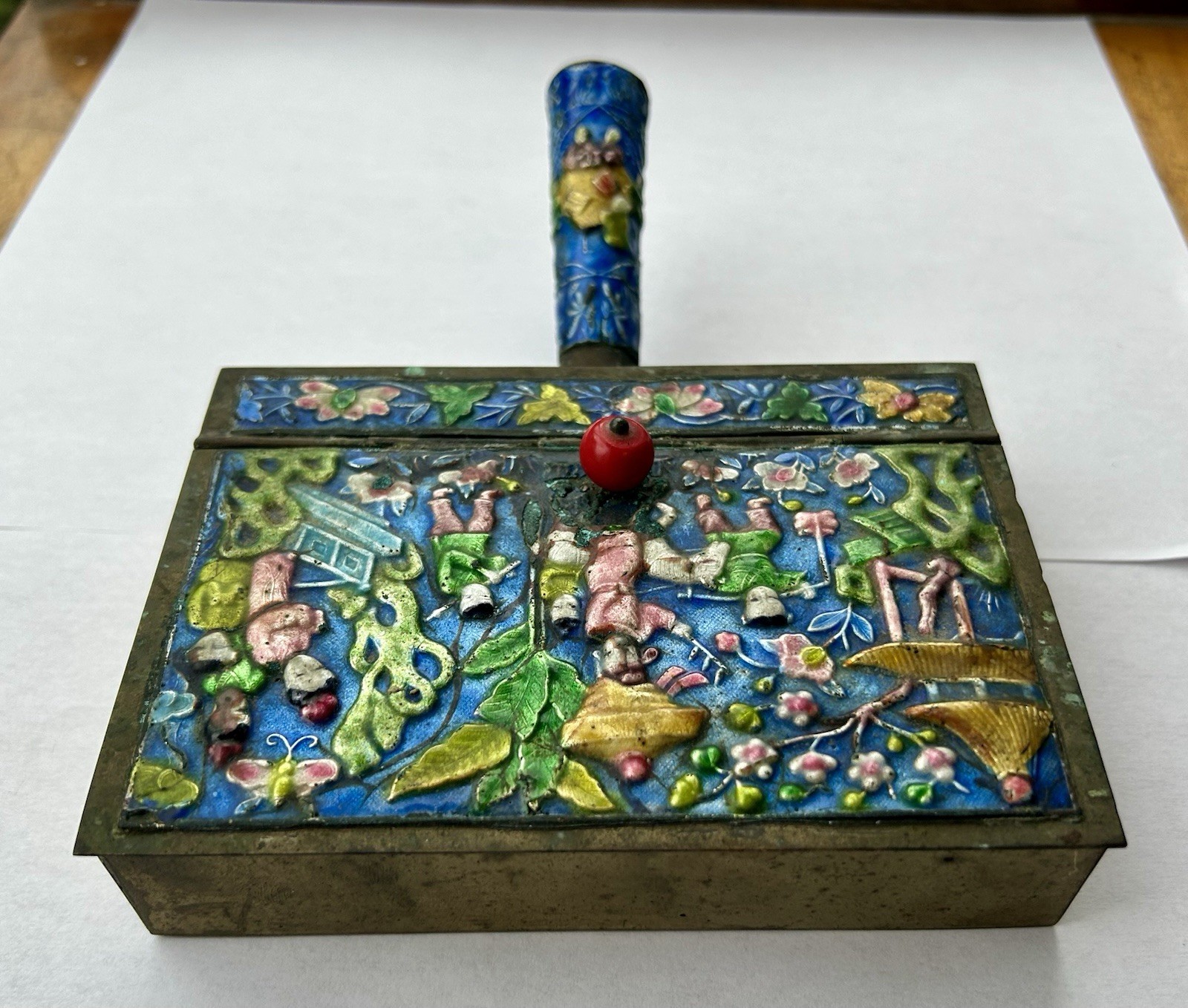 Antique Chinese Enameled Brass Silent Butler, Ashtray, Crumb Catcher sgn China
