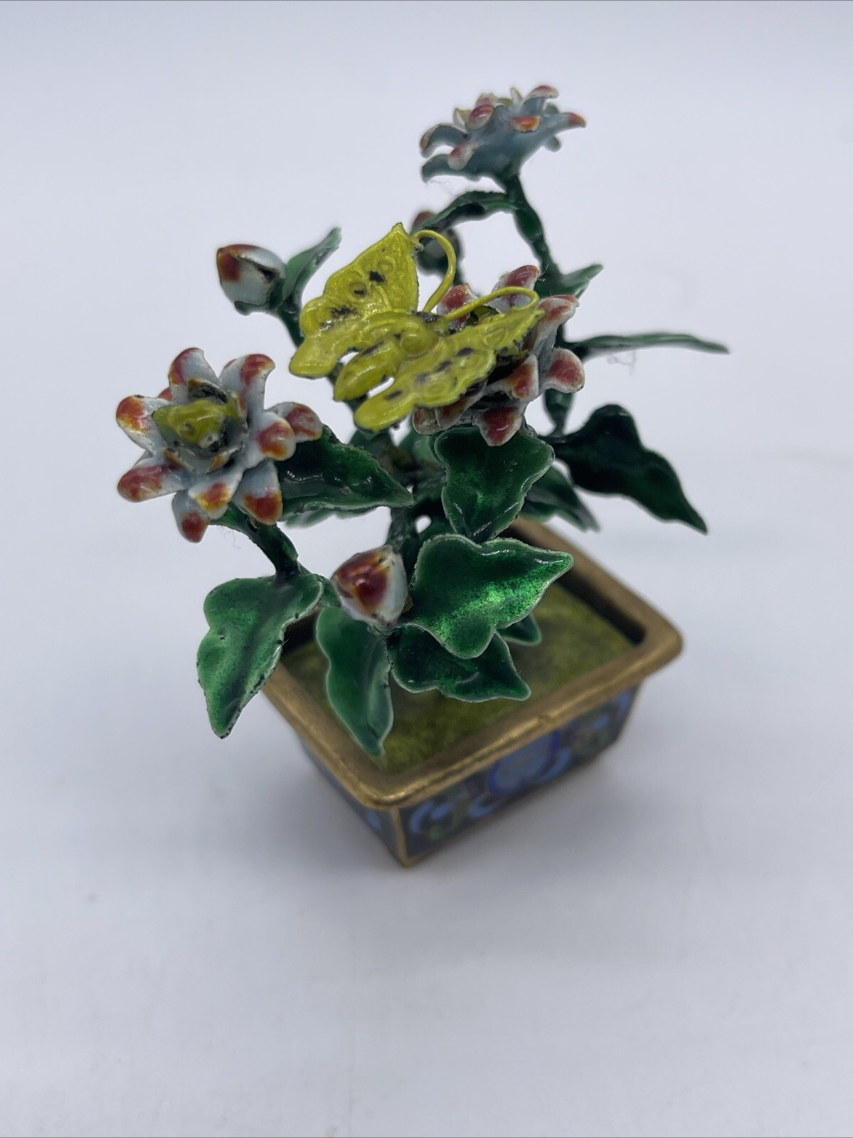 VINTAGE CHINESE METAL GUILLOCHE ENAMEL BONSAI TREE & FLOWERS with CLOISONNE POT