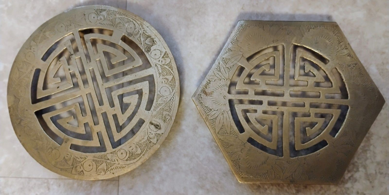 Vintage Intricate Solid Brass Chinese Shou Symbol Trivets – Matching Set of 2