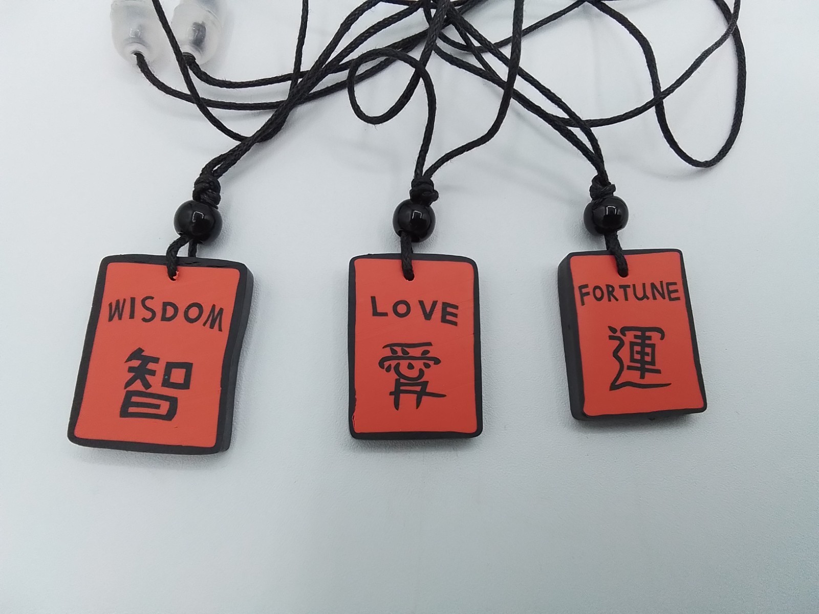 3 ASAIN CHINESE TILE 26″ NECKLACES LOVE WISDOM FORTUNE MYTHOLOGY PHILOSOPHY VTG